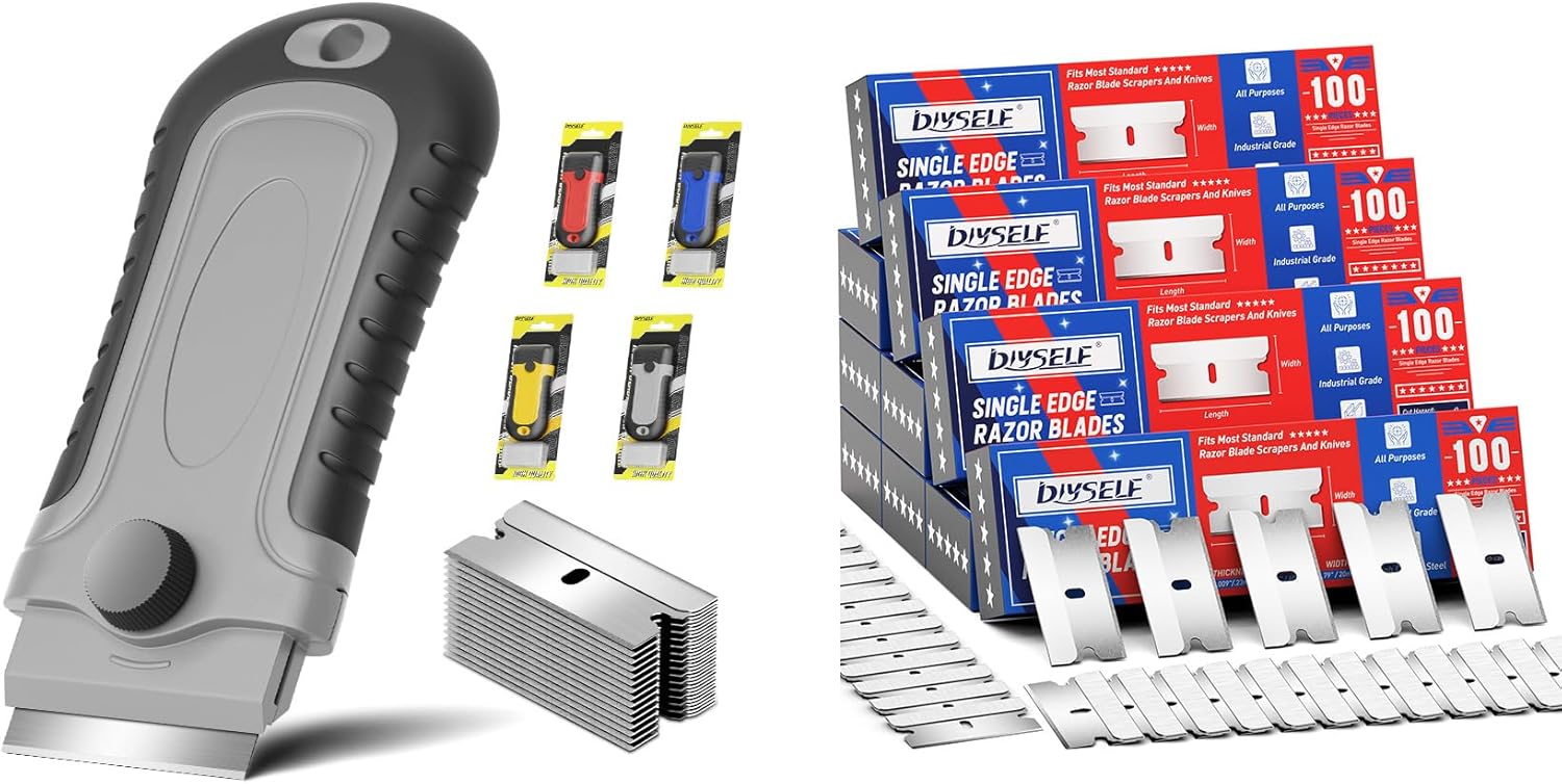 DIYSELF 1 Pack Razor Blade Scraper and 1000 Pcs Single Edge Razor Blades