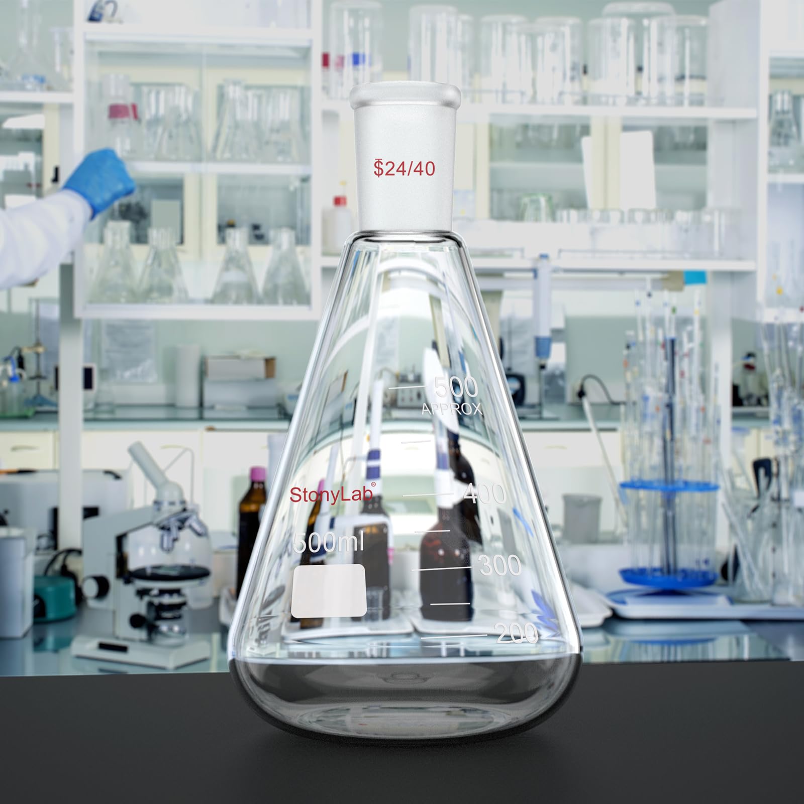 stonylab 24/40 Erlenmeyerkolben aus Glas, Borosilikatglas Schwere Wand Flasche, Labor Kolben Erlenmeyer Flask mit 24/40 Standard-Kegelgelenk - 500ml