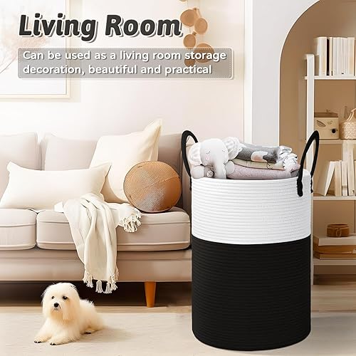 Miniatura 5 de Cesta de lavandería de cuerda de algodón tejida, 60 litros para almacenamiento decorativo de ropa sucia, juguetes y mantas en el baño, habitación