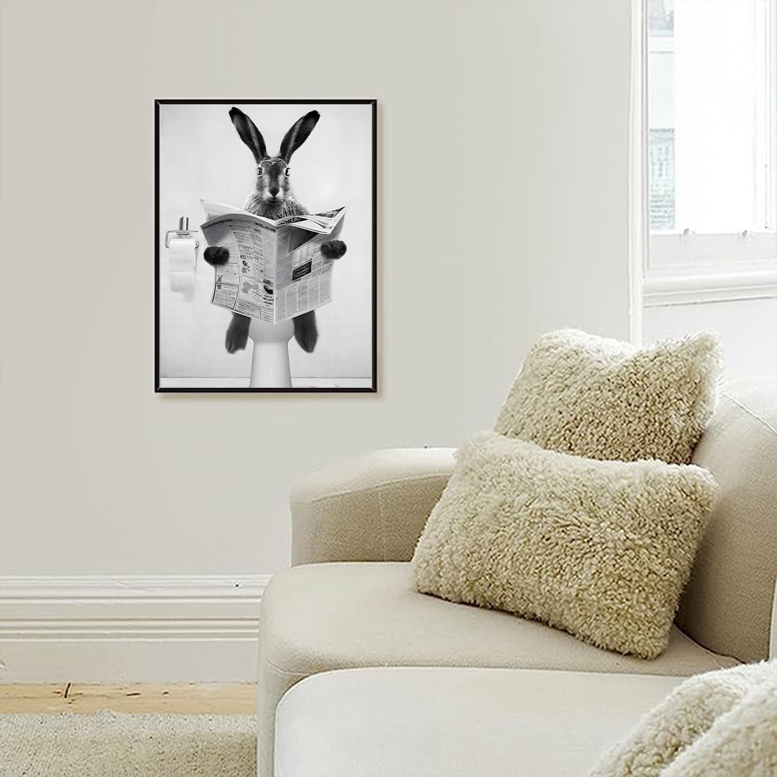 Cute Newspaper Animal Wall Art Black and White Canvas Printed Cabin Bathroom Decoration Bath Wall Picture Frameless (Rabbit - Image 3