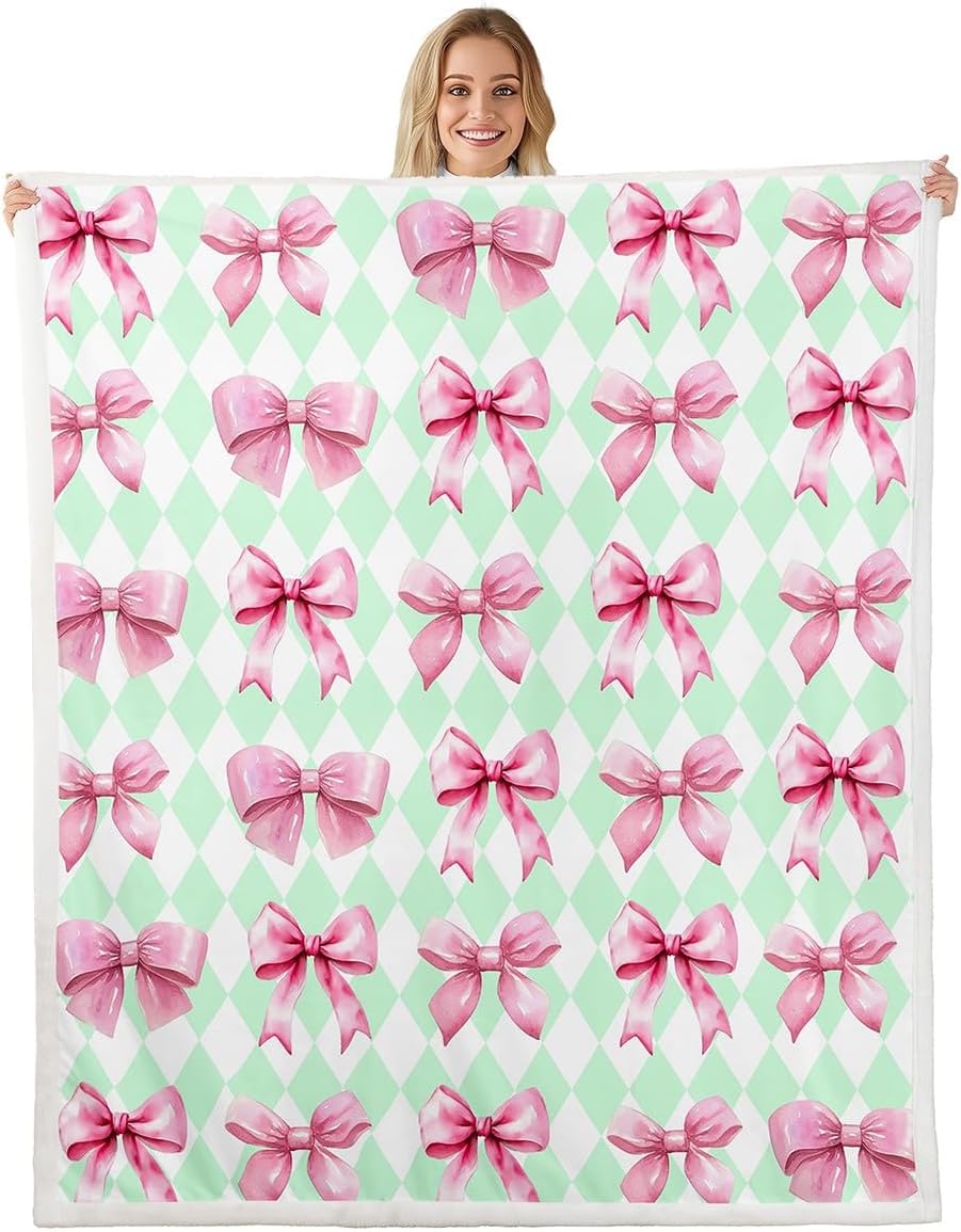 Castle Fairy Watercolor Bowknot Flannel Blanket,Pink Bows Print Girls Lovely Fuzzy Blanket for Children,Purple Diamond Grid Rhombus Check Polyester Throw Blanket for Couch, Twin Size (60 x 80 Inch)