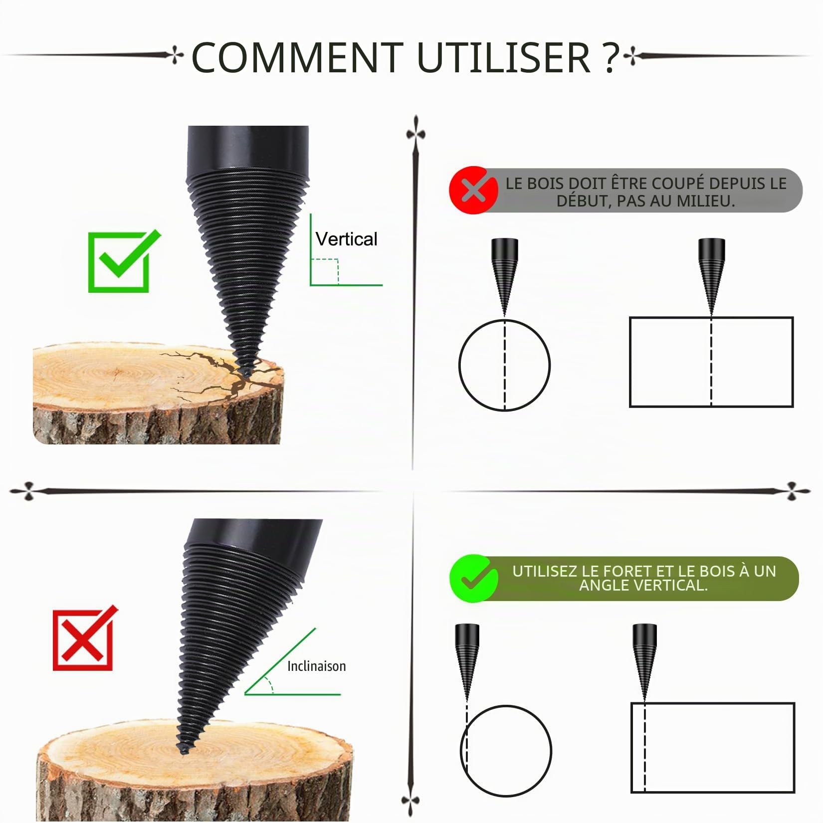 Fendeur de bois foret 50 mm + 32 mm, perceuse fendeuse de bois avec 4 poignées de perçage, fendeuse conique pour fendre et percer le bois