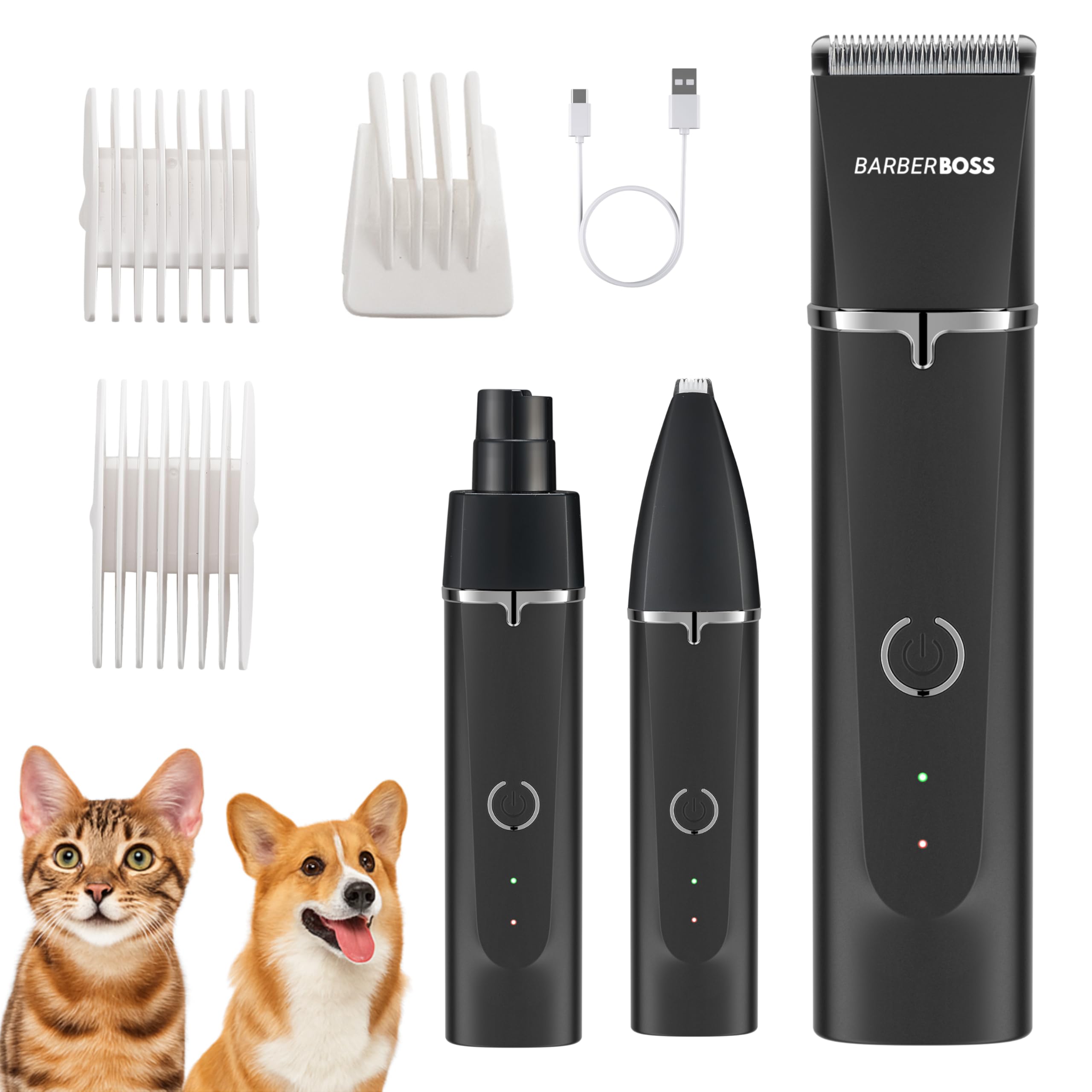 BarberBoss Cordless Pet Grooming Kit for Dogs & Cats, Dog Clippers with Nail Grinder, Quiet Pet Hair Trimmer, USB Rechargeable Groomer Set, Cordless Clippers for Cats
