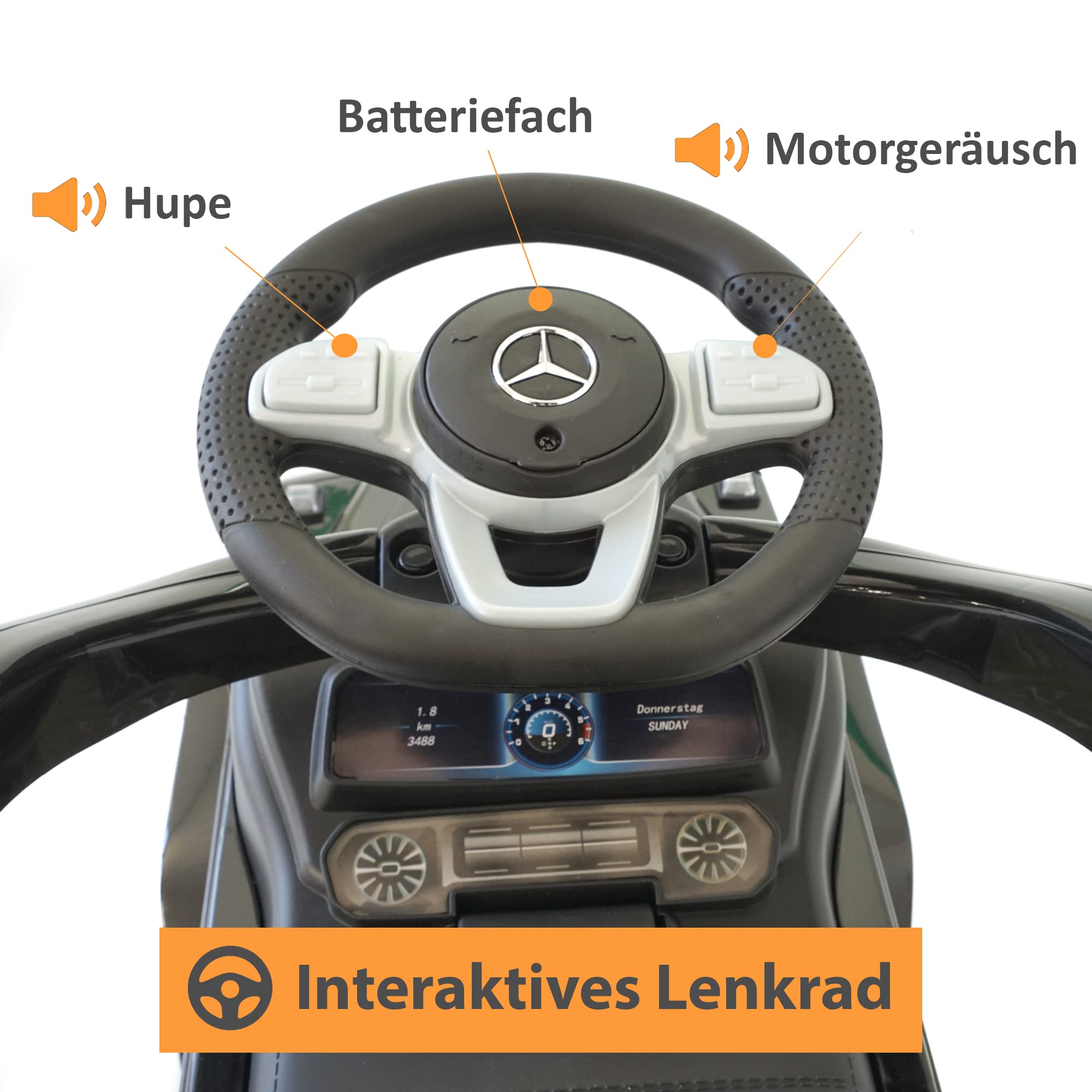 Lemodo Rutschauto mit Schiebestange ab 1 Jahr, Mercedes G350d Rutscherauto mit Sicherheitsbügel, Fußablage, Kippschutz, Sound-Lenkrad & Stauraum, Kinderfahrzeug für drinnen und draußen bis 25 kg