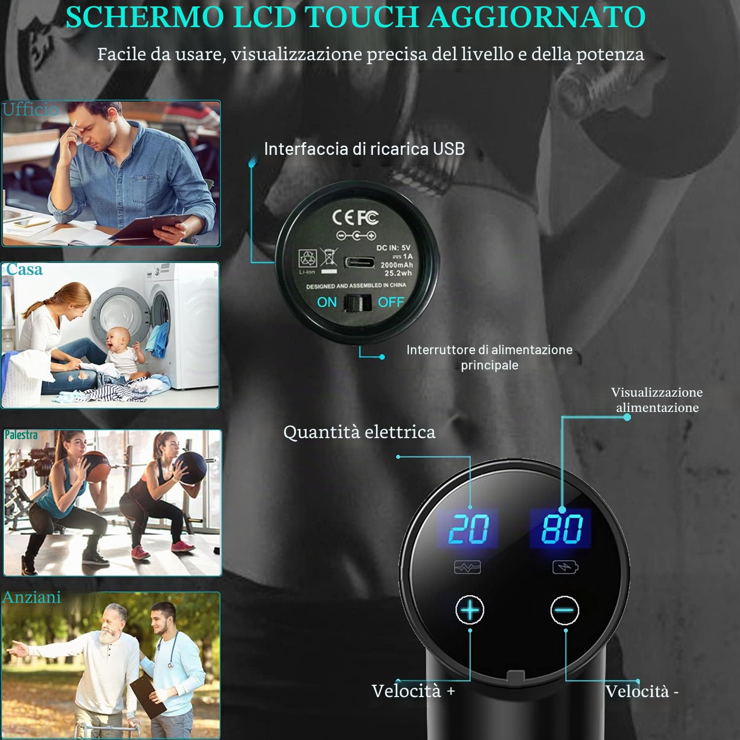Pistola de Masaje de Tejido Profundo, Masajeador de Percusión para Atletas Pistola de Masaje Muscular para Alivio del Dolor con 10 Cabezales de Masaje y 20 Velocidades (Negro Mate)