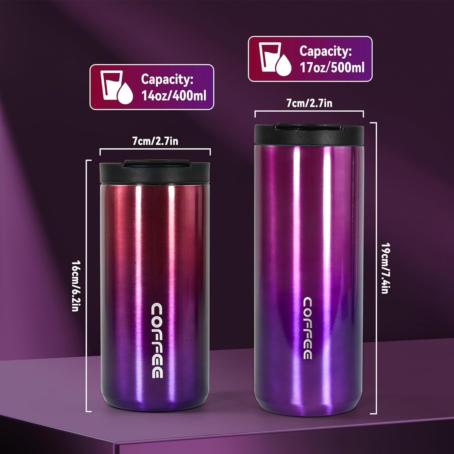 Insulated Coffee Mug 14oz,Travel Coffee Tumbler,Vacuum Insulated Coffee Mug with Leak Proof Screw Lid Coffee Cup for Men and Women for Hot & Cold Drinks, 400ml, Gradient purple - Image 4