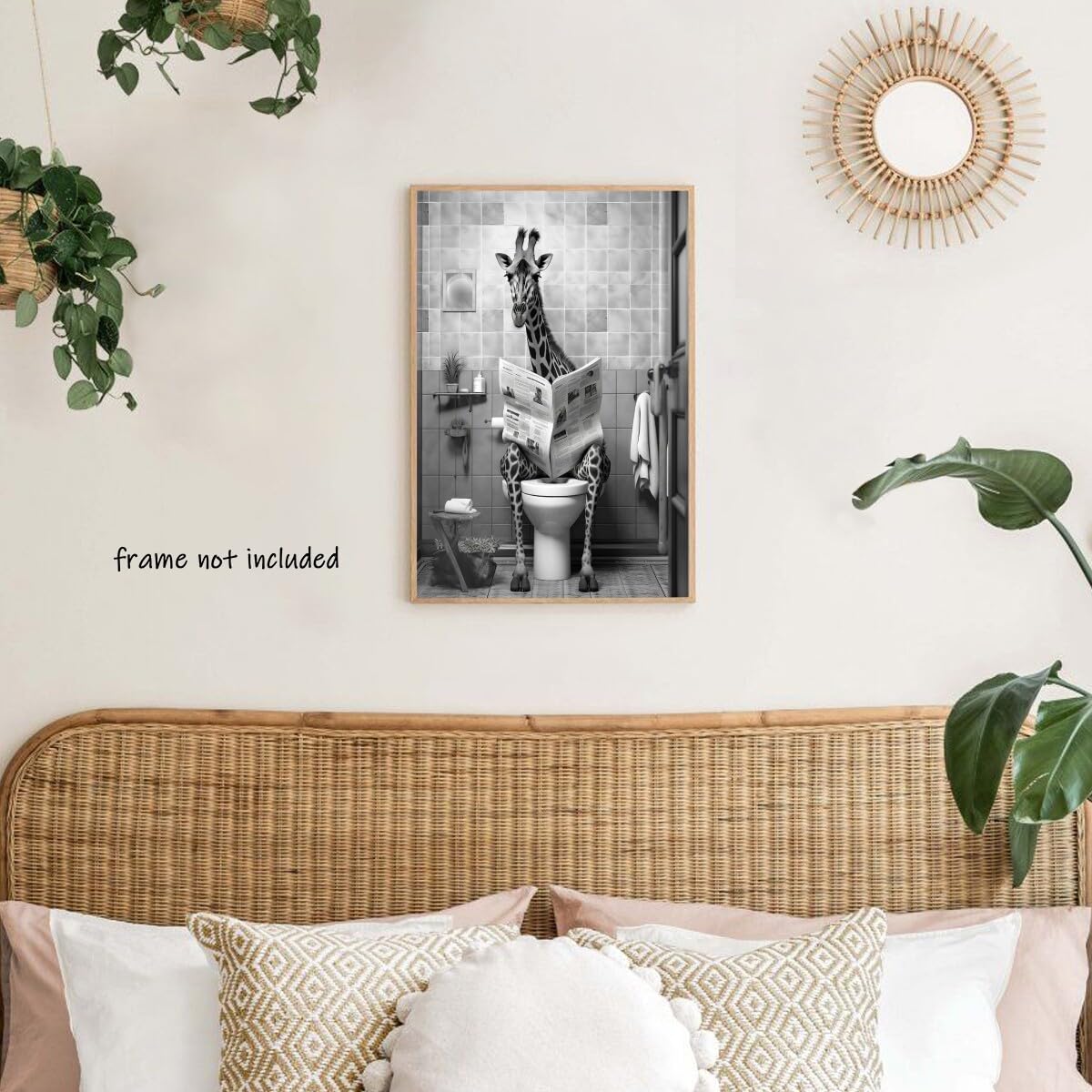Divertida jirafa sentada en el inodoro leyendo periódico arte de pared, póster retro para baño y decoración del hogar Divertida jirafa sentada en el inodoro leyendo periódico arte de pared, póster retro para baño y decoración del hogar