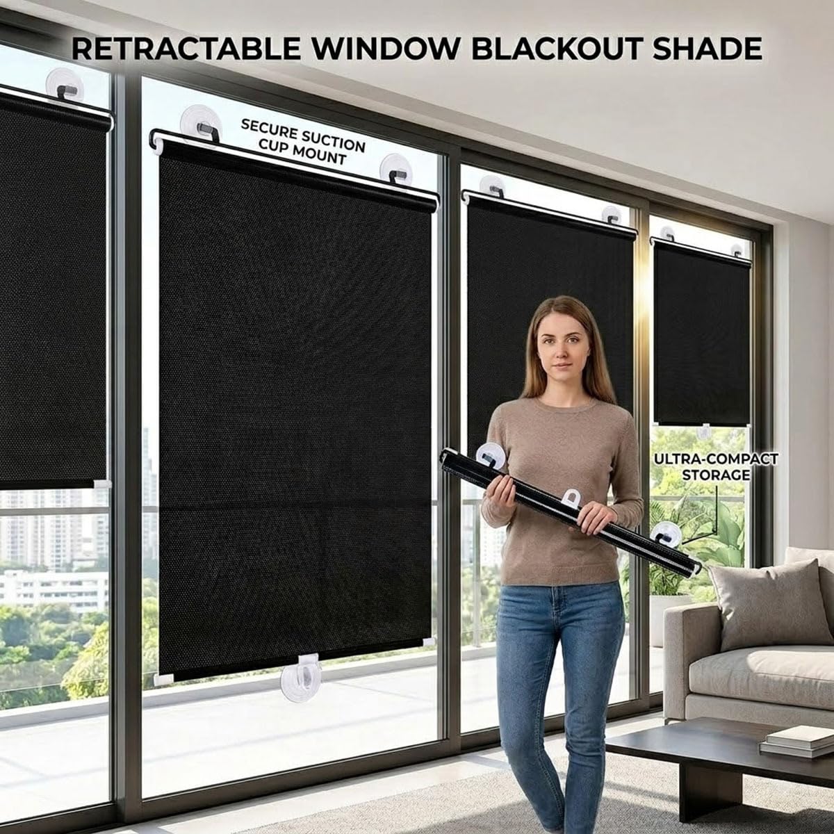 Tende a Rullo Oscurante con Ventose Senza Fori Tapparella da Interno Termica Protezione UV Tendine Parasole per Finestre in Vetro Lucernario Casa Ufficio Auto Portatili(27"Wx72"H)