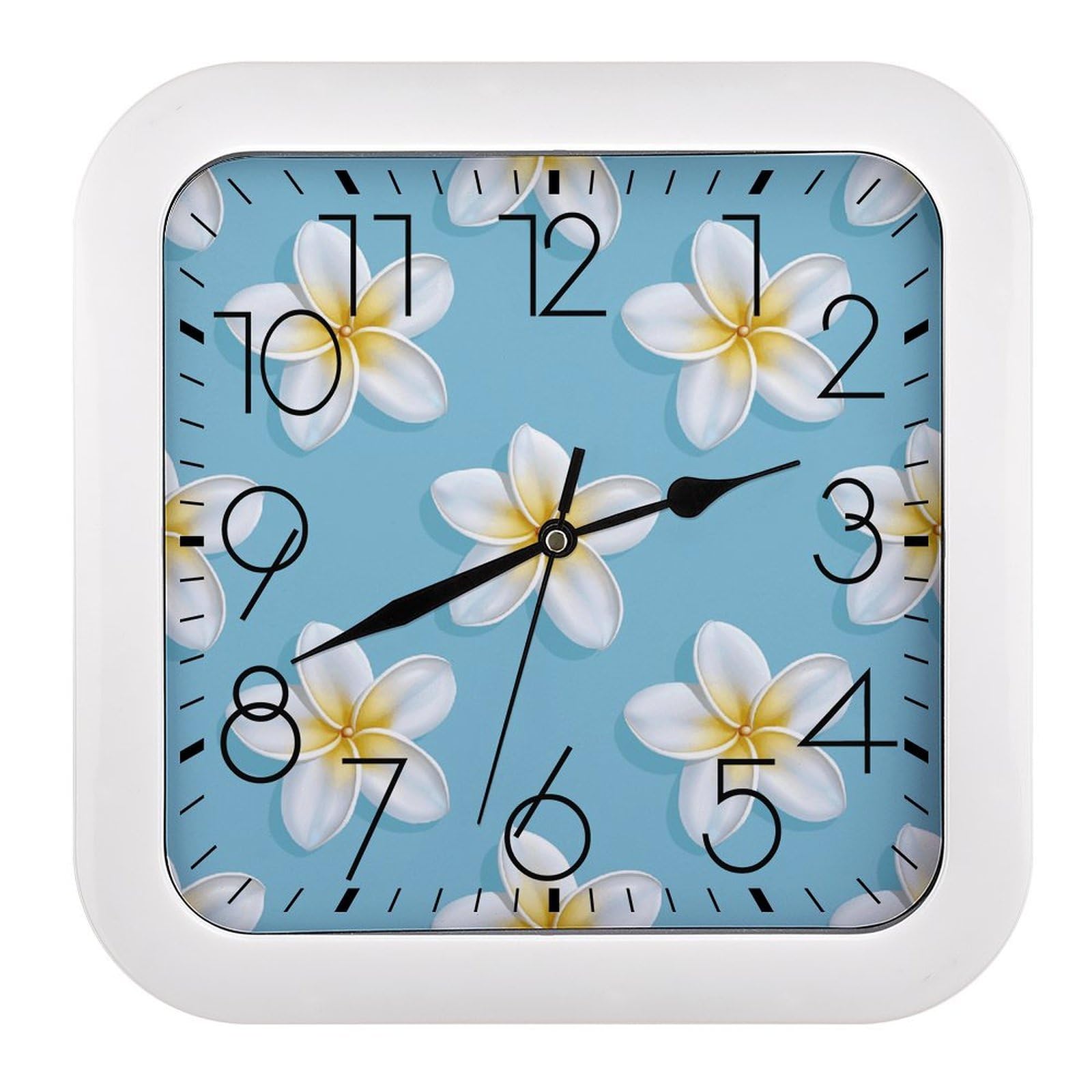 LZQPOEAS White Plumeria Pattern Wall Clock Fashionable Versatile Silent Wall Clock Simple Elegant Non Ticking Analog Clocks Easy to Install Square Modern Clocks for Home Decoration