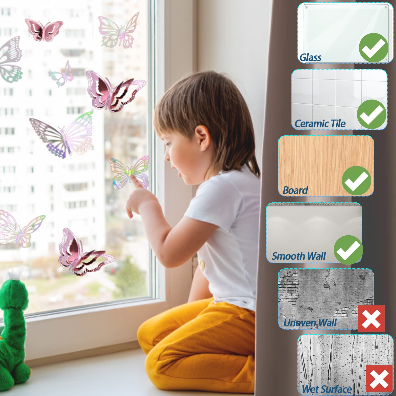 Wallplus Adesivi Da Parete 3D Farfalle Fosforescenti – 12 Pezzi PVC, Multicolore, Effetto Specchio