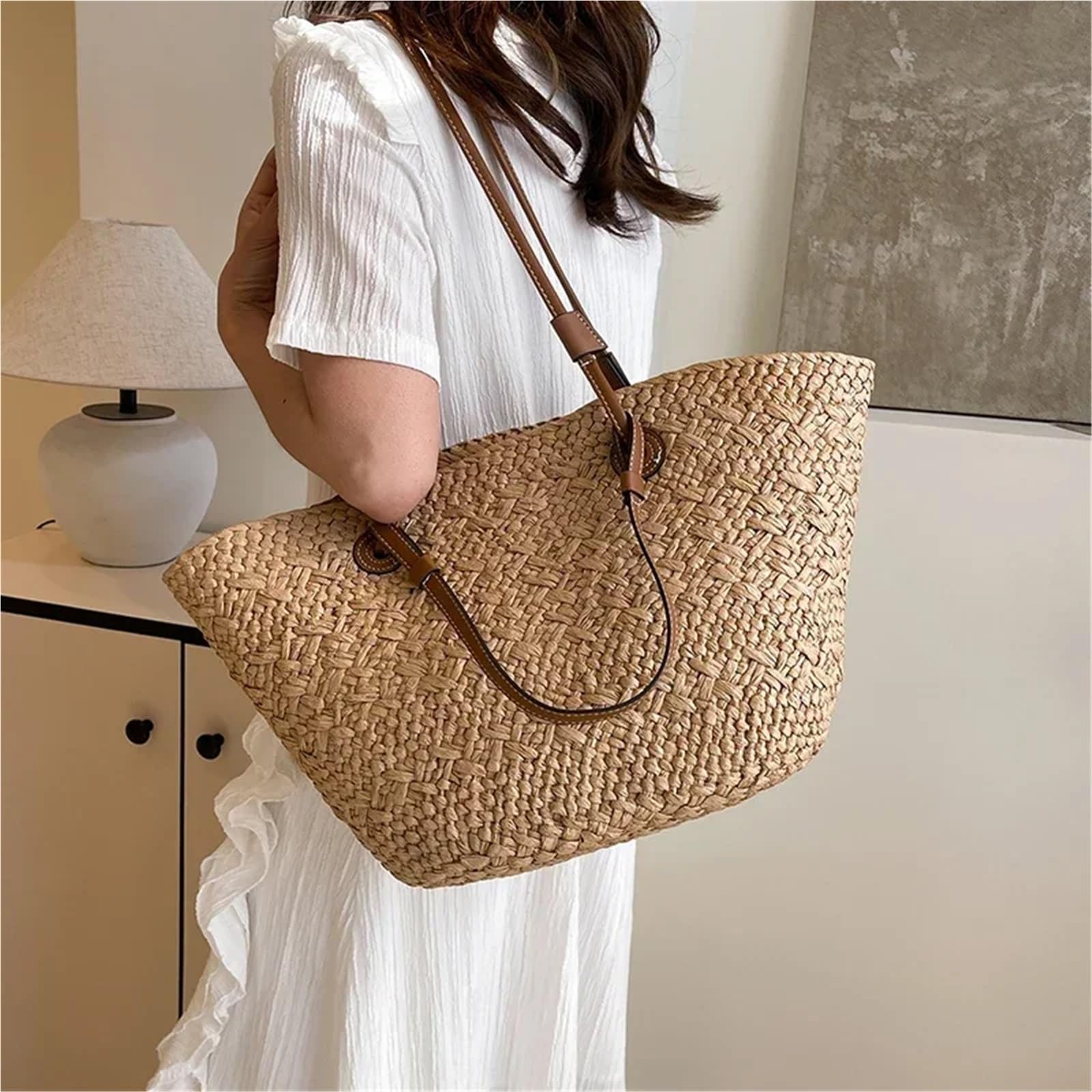 sac de plage tissé Sacs de panier tissés en osier d'été, sacs à main rotin for femmes, fourre-tout paille plage fait la, sac bandoulière kaki