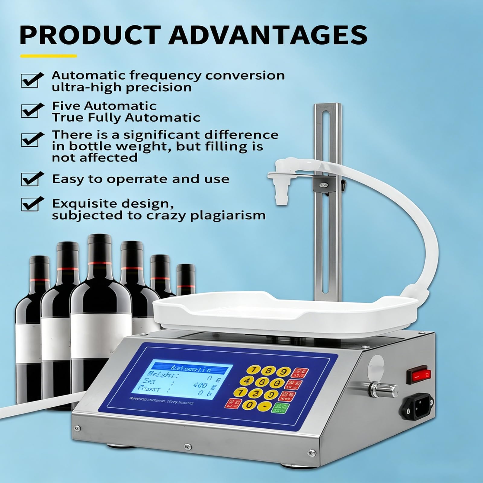 Máquina de llenado de líquidos, llenadora de botellas con bomba peristáltica con pantalla LCD, altura ajustable, sistema de pesaje para aceite, agua, jugo, capacidad de 8 g-3 kg