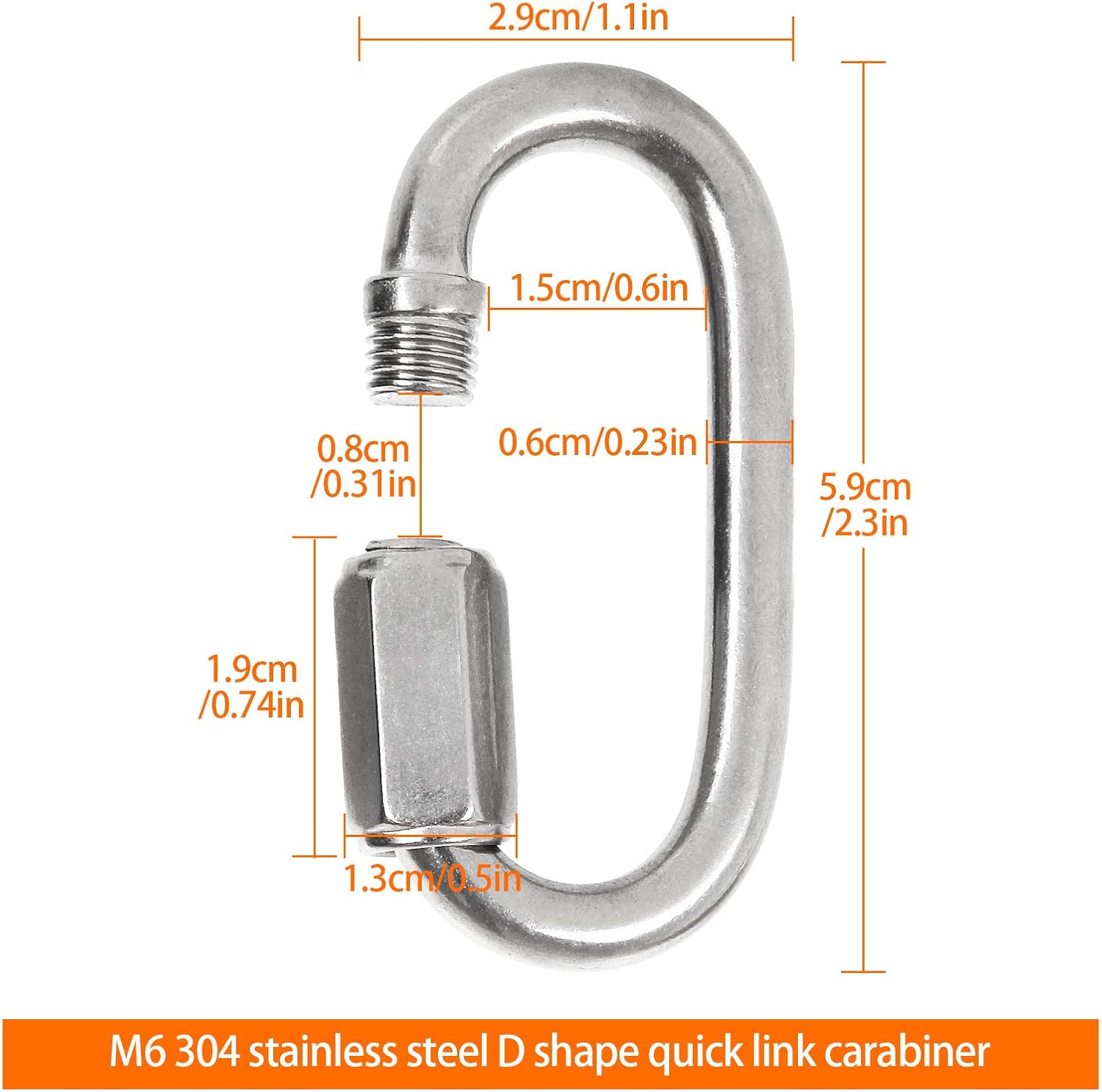 20PCS 1/4 inch Stainless Steel Chain Links, M6 Oval Quick Link Carabiner, Small Threaded Quick Chain Clip, Rope Connector for Camping, Hiking, Swing, Hammocks, Outdoor & Gym - 620lbs Load