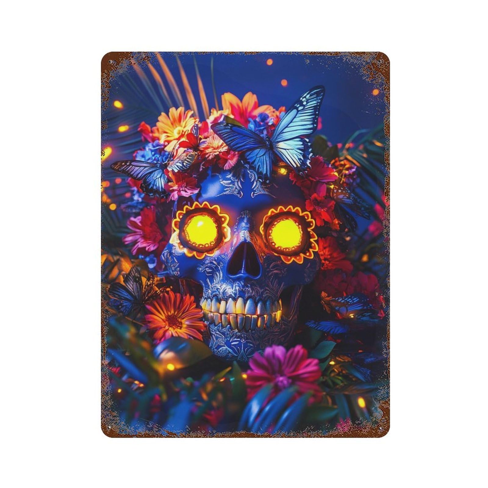 Distressed Metal Wall Sign with Day of The Dead Skull Decor Design 15.7"x11.8", for Cafe, Home Bar And Lounge Decor, Retro Wall Decor