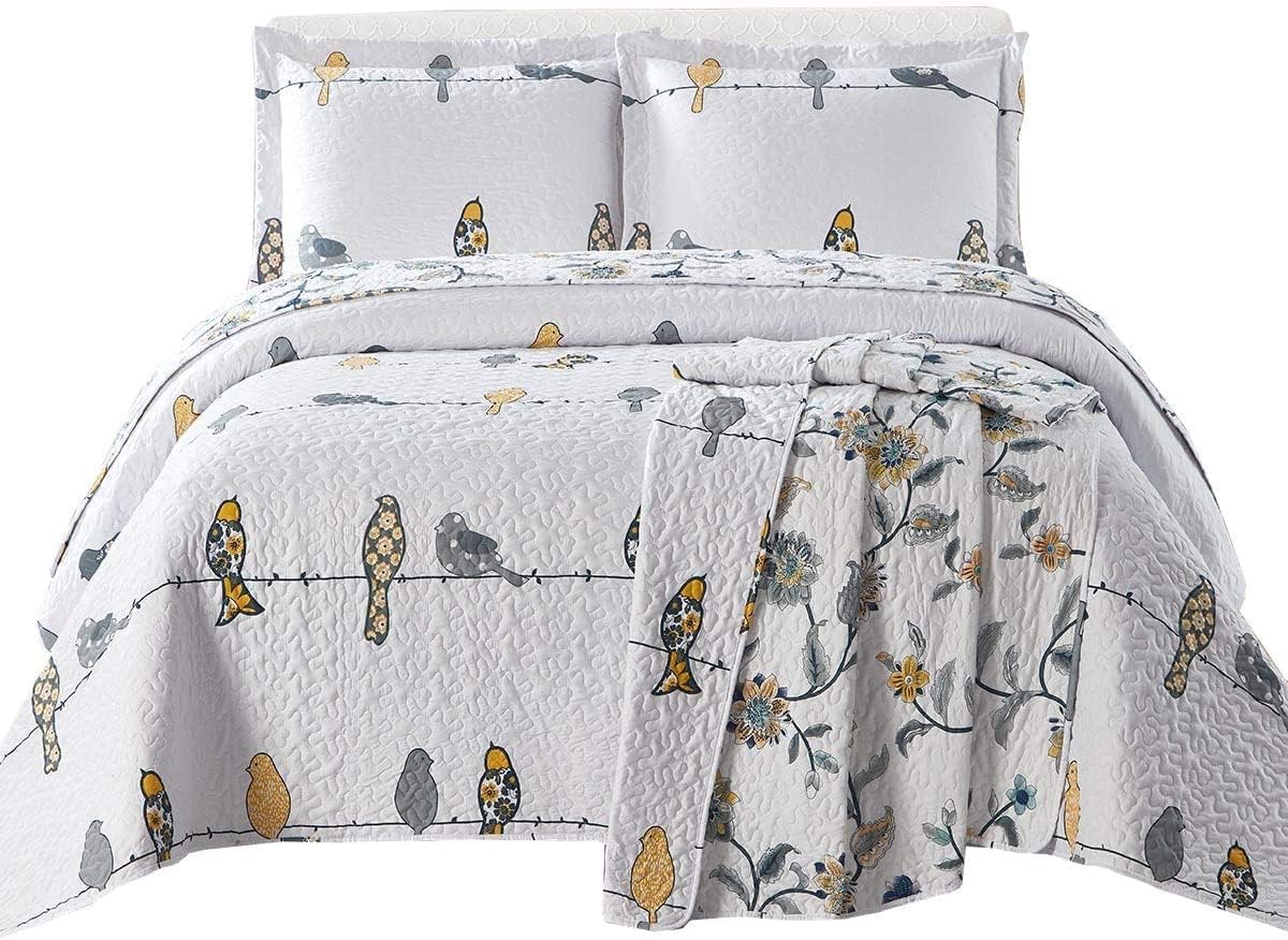Royal Tradition 5PC Bedspread Set -Twin Size- Ayat Birds Printed Quilted Wrinkle-Free Microfiber Include: 2PC Coverlet Set and 3PC Sheets Set