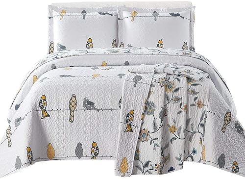 Royal Tradition Juego de colcha de 5 piezas, tamaño individual, microfibra acolchada sin arrugas con estampado de pájaros Ayat incluye: juego de