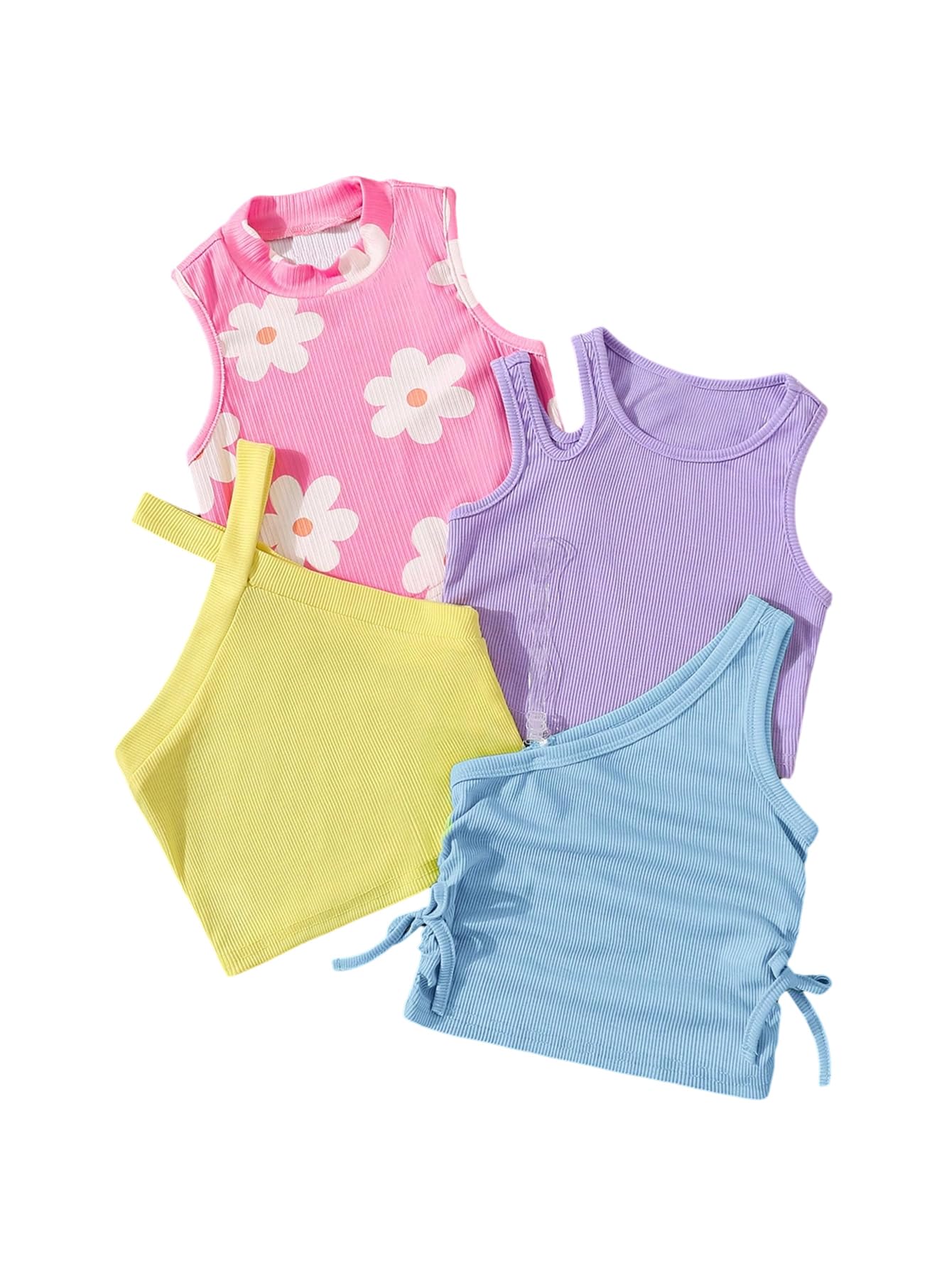 OYOANGLE Toddler Girl's 4 Pack Ribbed Knit Crop Tank Tops Set One Shoulder Summer Camisole