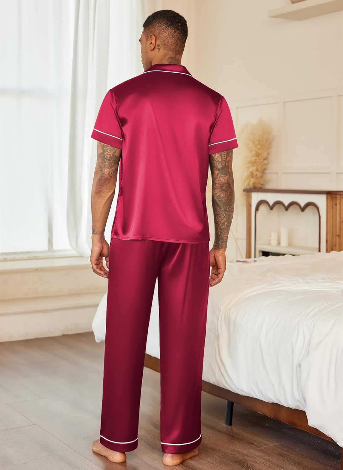 Ekouaer Mens Satin Pajama Set Short Sleeve Button Down Sleepwear Classic Loungewear Set with Long Pants - Image 5