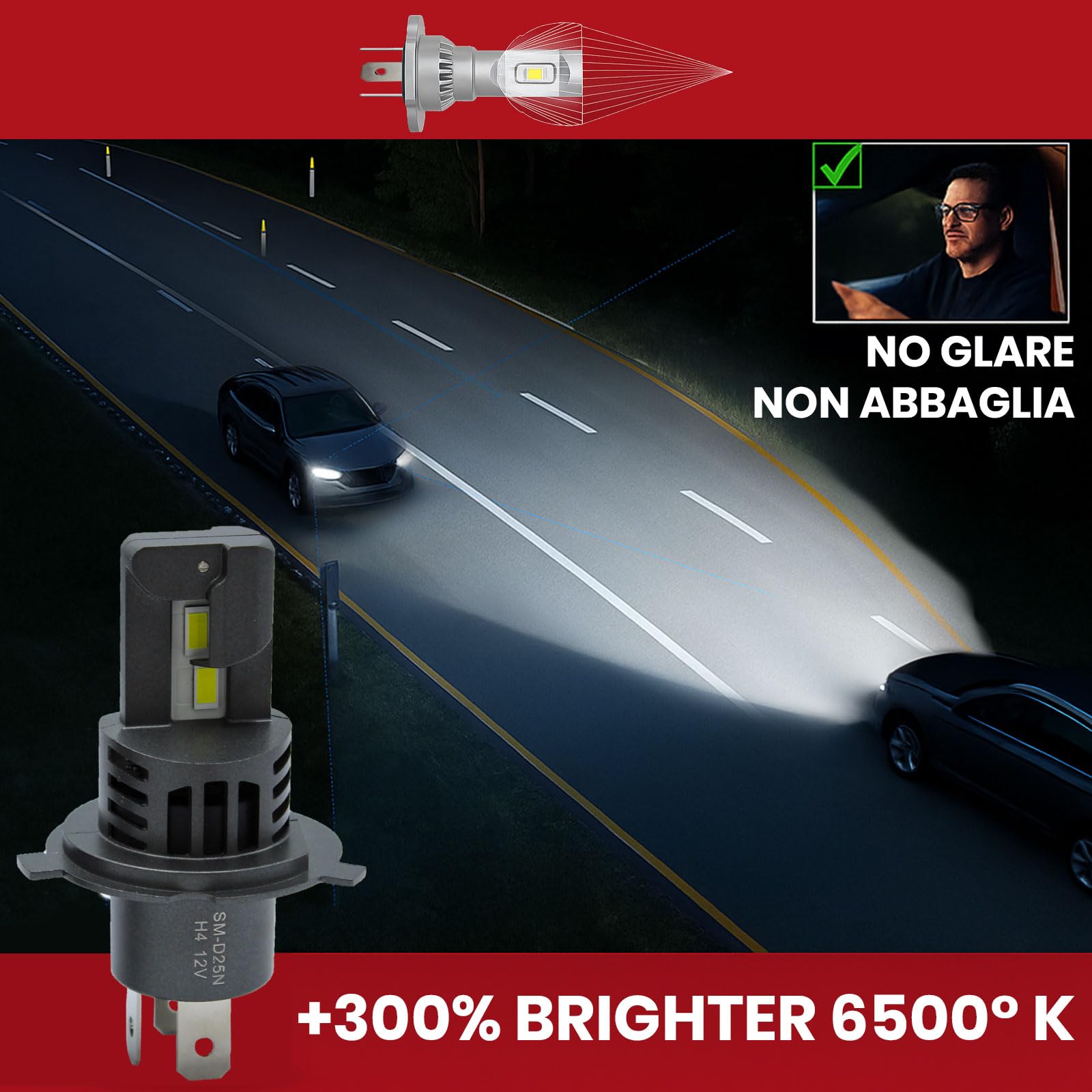 SpeedMax Lampadine Led con ventola per auto e moto H4 H19 6500K Plug & Play per Fari a Parabola +200% OFF ROAD