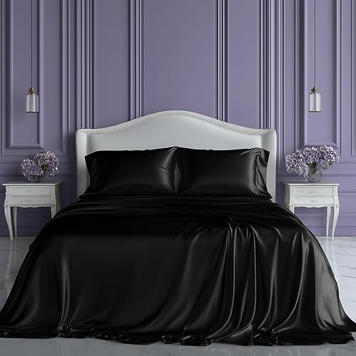 SLEEP SANCTUARY Satin Sheets King Size – 4 Piece Luxury Silky Bed Set, Softer Than Silk, 15" Deep Pocket, Cooling & Wrinkle-Free, Moisture-Wicking & Breathable for Hair & Skin (Black)