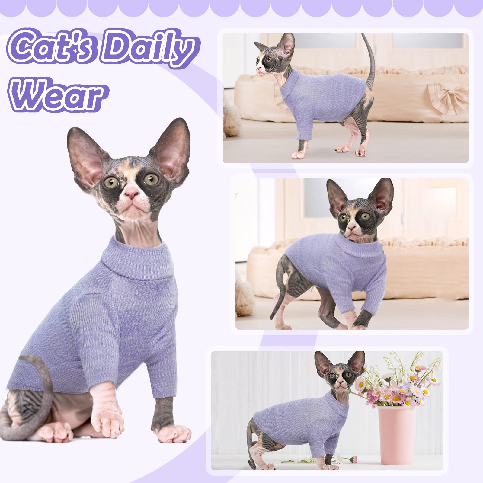 DENTRUN Sphynx Cat Clothes Hairless Cat Outfit Kitten Jumper Breathable Cat Onesie Turtleneck Sweater Adorable Cat Clothing Vest Pajamas Jumpsuit - Image 4