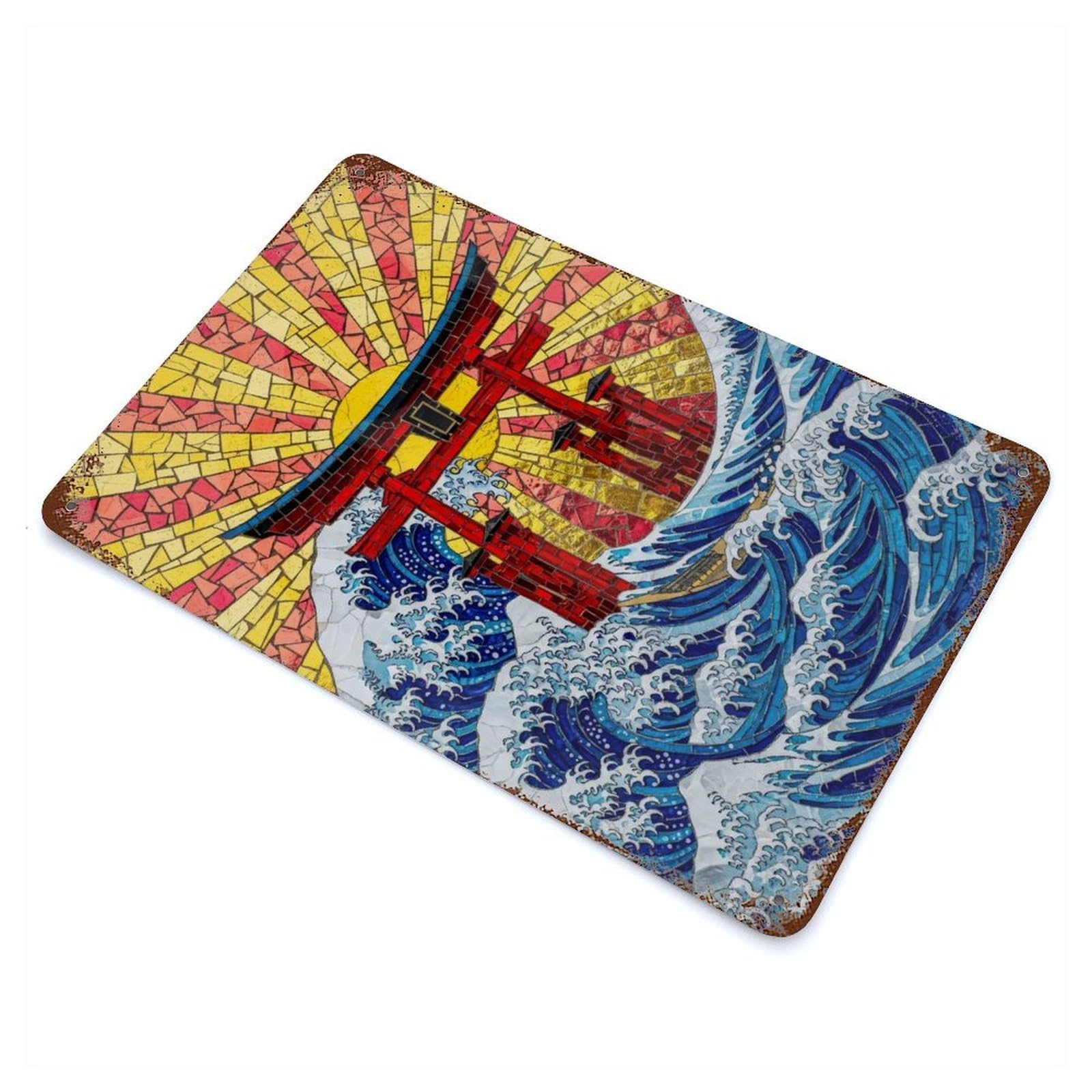 Mosaic Torii Gate And Ocean Waves 11.8"x7.9" Rusty Metal Tin Sign, Novelty Wall Decor for Cafe, Home Bar And Lounge Decor