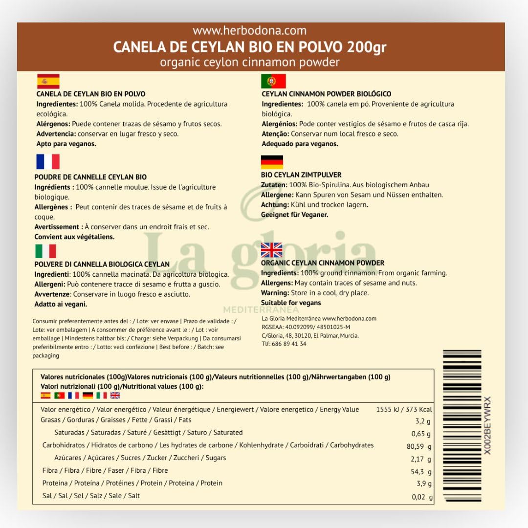 La Gloria Mediterránea Canela de Ceylán en Polvo 200g Ecológica