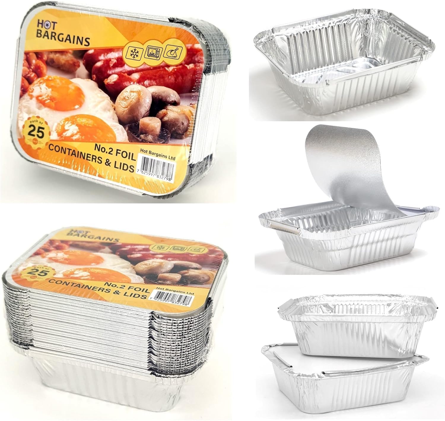 HOT BARGAINS Aluminium Foil Containers Size 2 with Lids, Pack of 250, 144 x 119 x 49mm