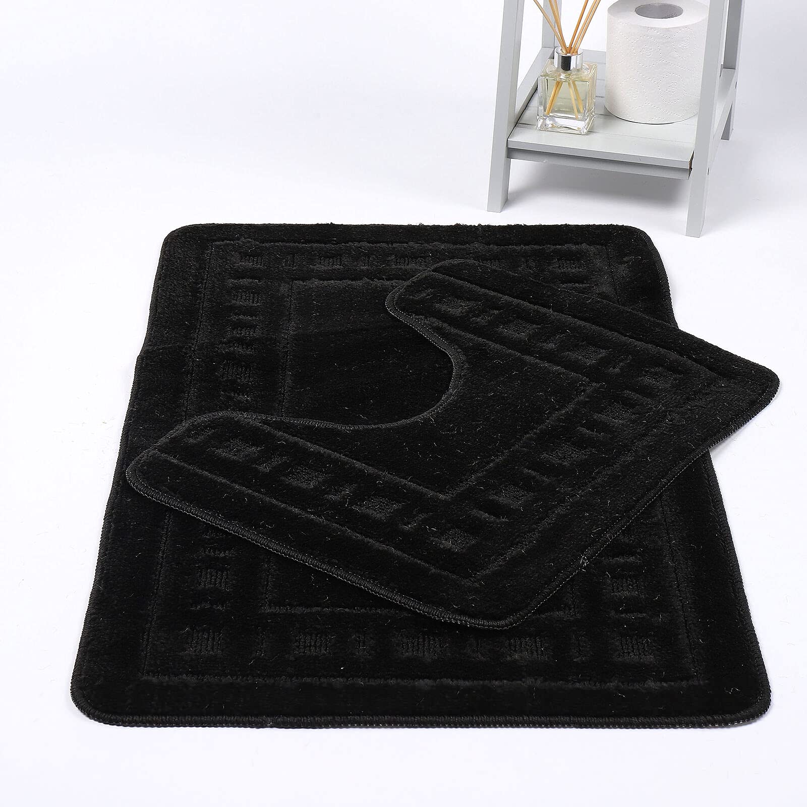Ethel May Bath Mat & Pedestal Mat Diem 2 Piece Sets Bathroom Mats Shower U-Shaped Contour Toilet Mat Plush Non-slip Antibacterial Rubber Back Rugs (Black)