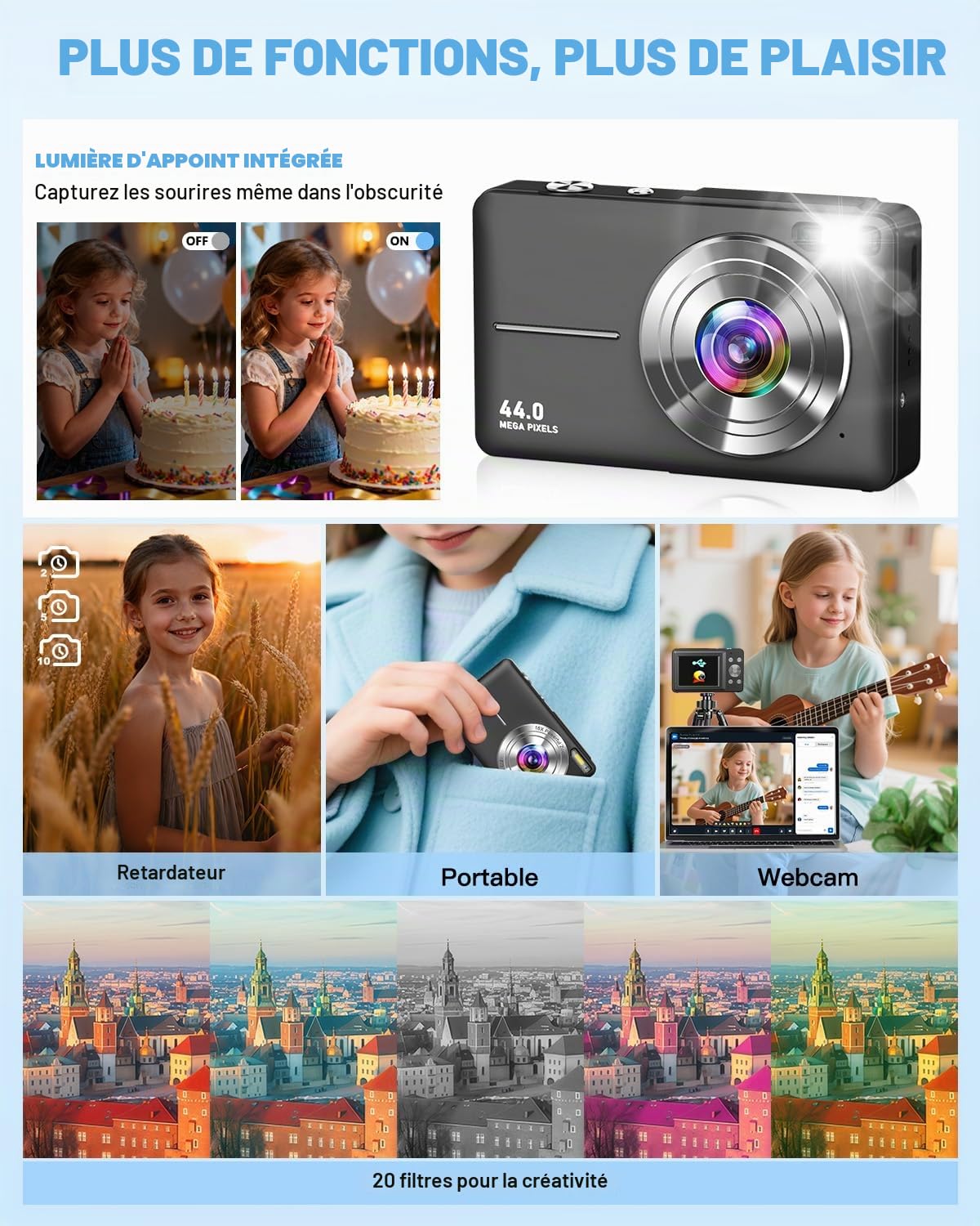 Appareil Photo numérique 1080p, Appareil Photo 44MP avec écran LCD de 2,4", Zoom numérique 16x et Fonction Anti-tremblement, Appareil Photo numérique Compact Portable pour débutants