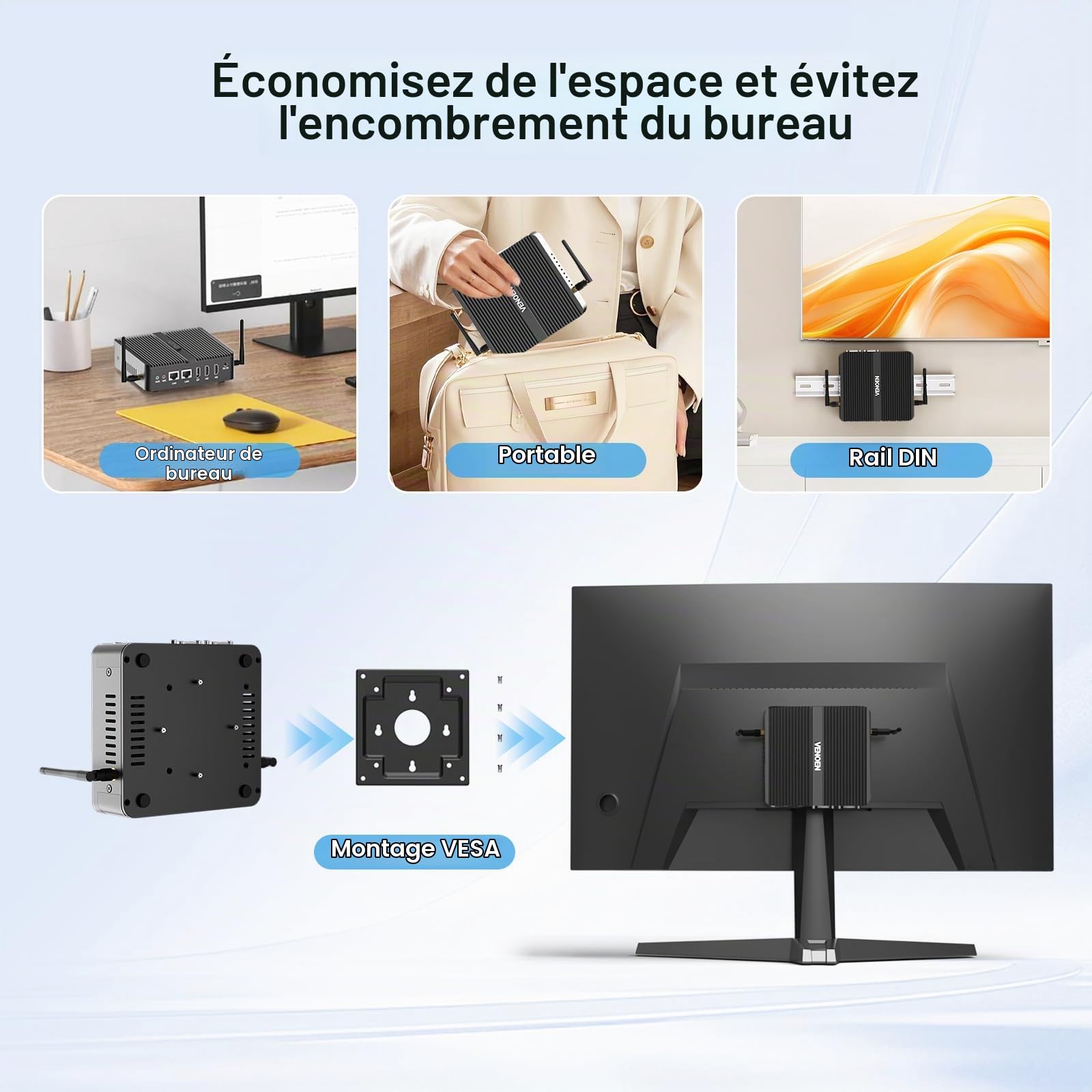 Fanless Mini PC Win11 pro Industriel PC J6412, 2xHD+DP Triple Display HTPC