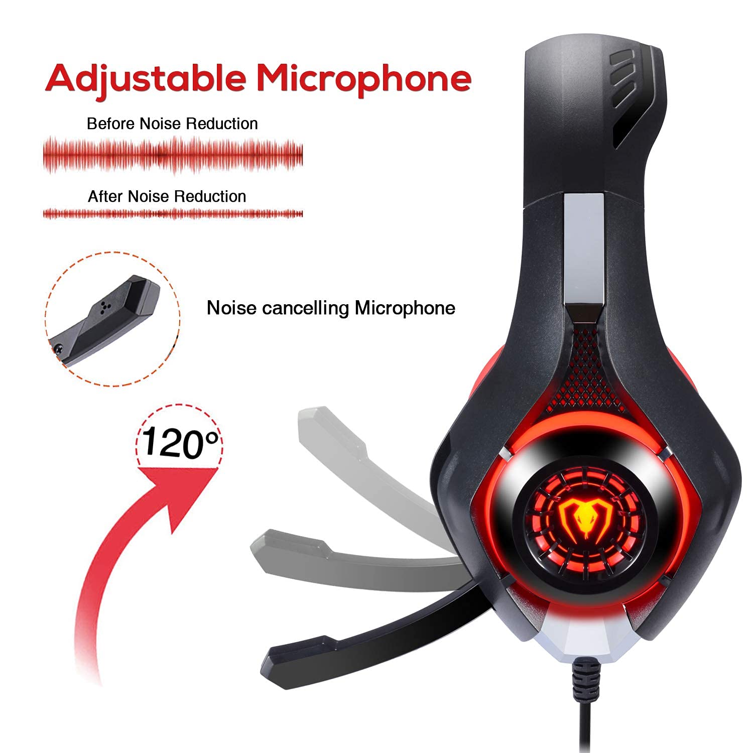 BlueFire Cuffie Gaming per Xbox one, Cuffie da Gioco con 3.5mm Jack LED e Microfono Insonorizzato,Bass Stereo Audio Surround Cuffie da Gaming per PS4/ PS5/ Xbox/PC/Laptop (Rosso)