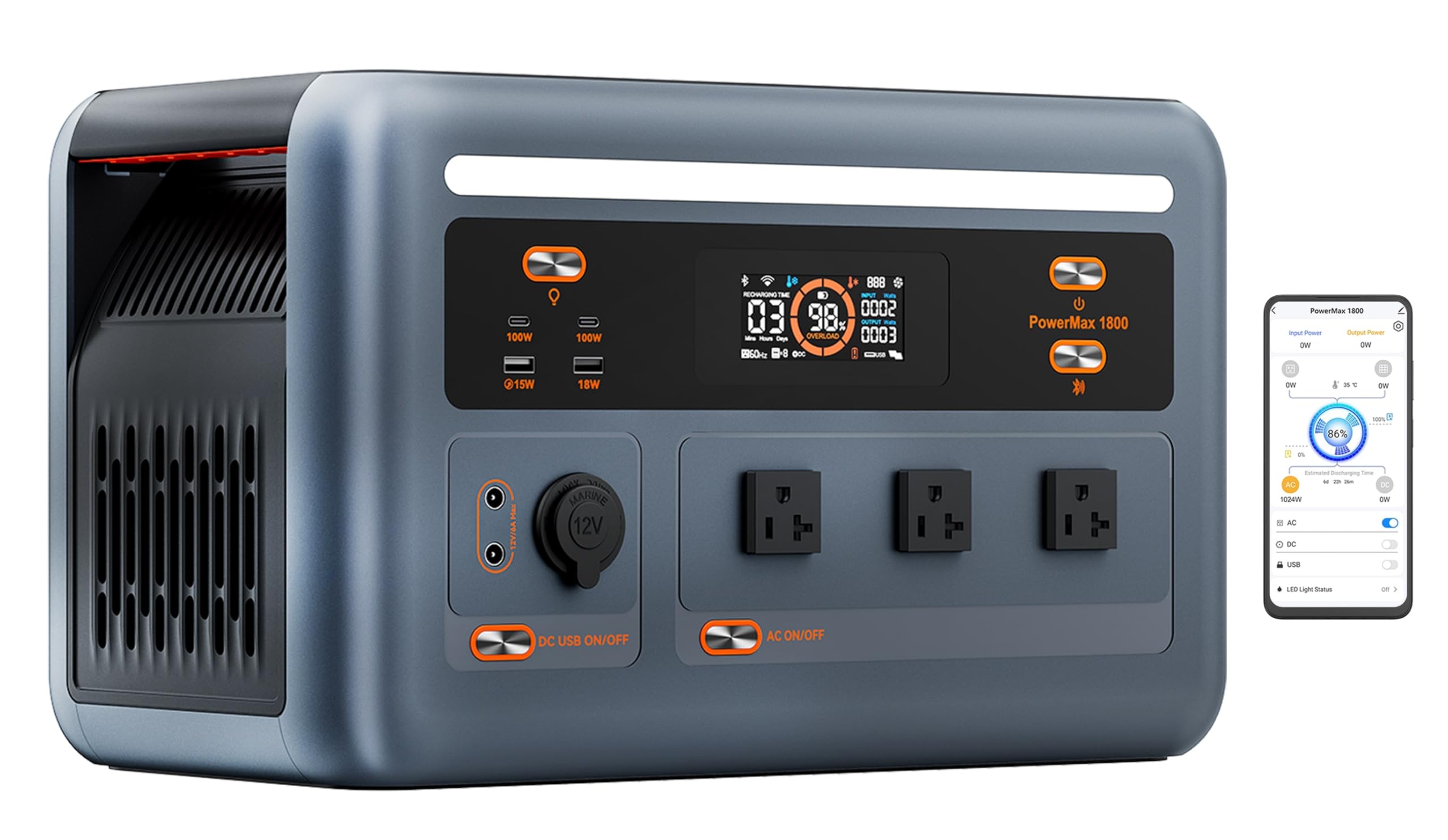 OSCAL Solar Generator PowerMax 1800SE, 1024Wh LiFePO4 Battery Generator with 3x1800W AC Outlets (3600W Surge), 800W AC Charging & 800W Solar Charging,