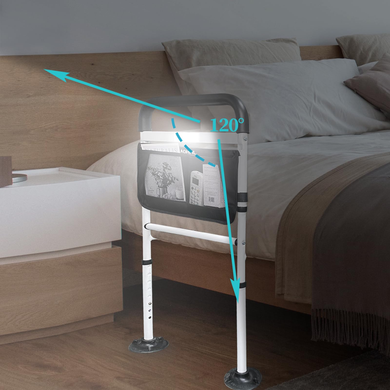 Bed Rails for Elderly Adults Safety with Motion Light Adjustable Heights Storage Pocket Assist Support Side Railing for Seniors Slides Under Medical Bed Guard Bed Handle Bars (White with Light)