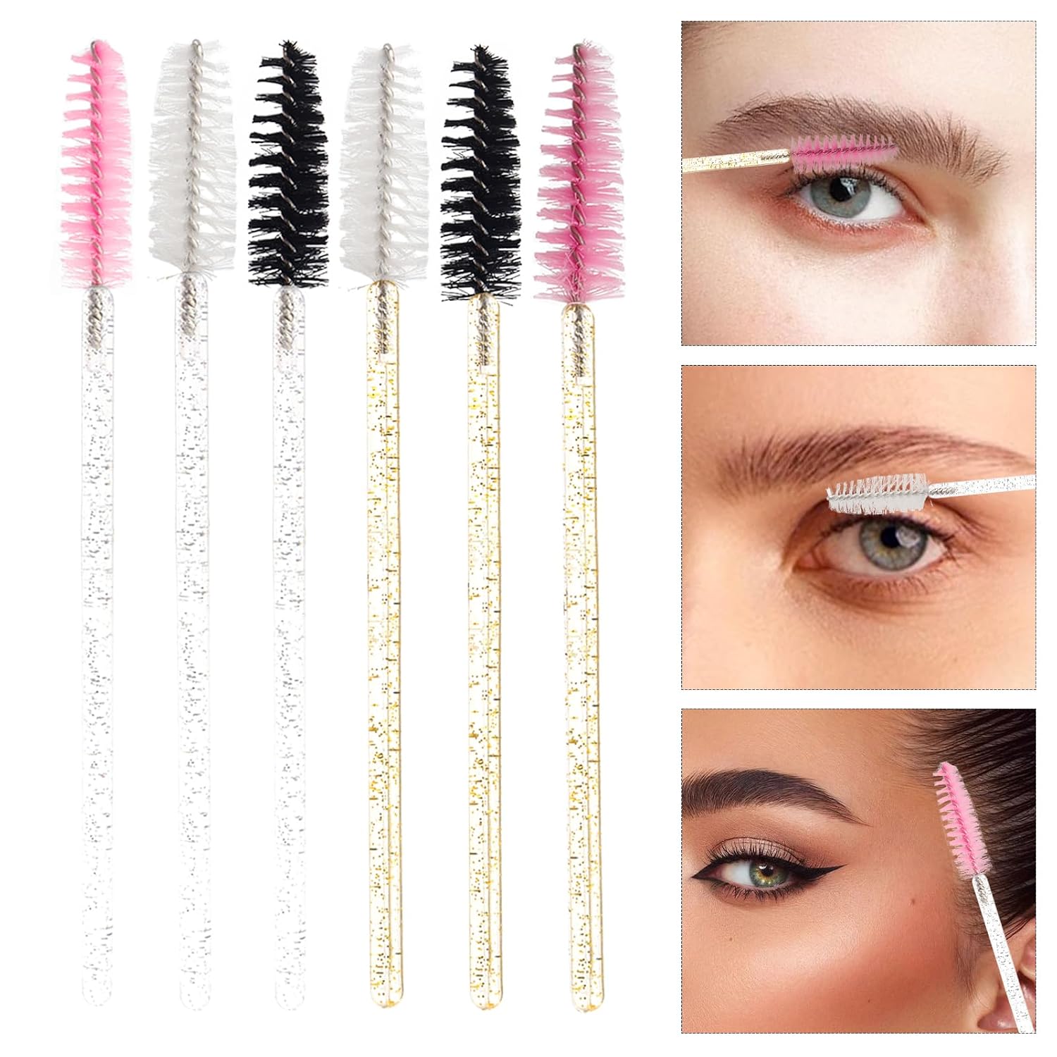300 Pack Disposable Mascara Wands Crystal Gold Handle Brush Lash Wand Eyelash Extension Tool Bulk Makeup Applicator (Mix 6 Color)