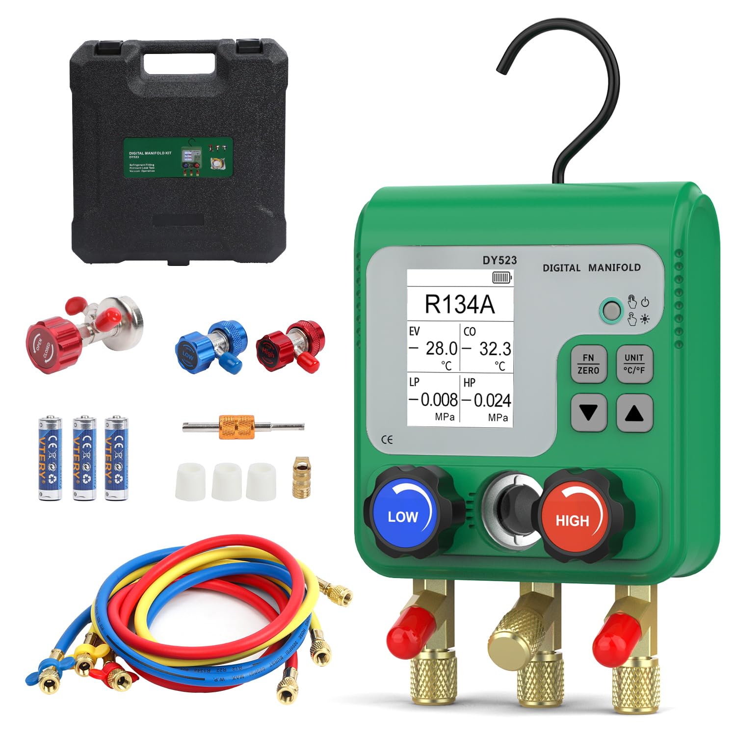 HVAC Digital Manifold Gauge Set 92 Refrigerants AC Gauge Set with Dual Pressure Test Digital Manifold HVAC Gauges with LCD Display for R134A/R22/R410A, AC Recharge Kit with Refrigerant Hoses,Suitcase