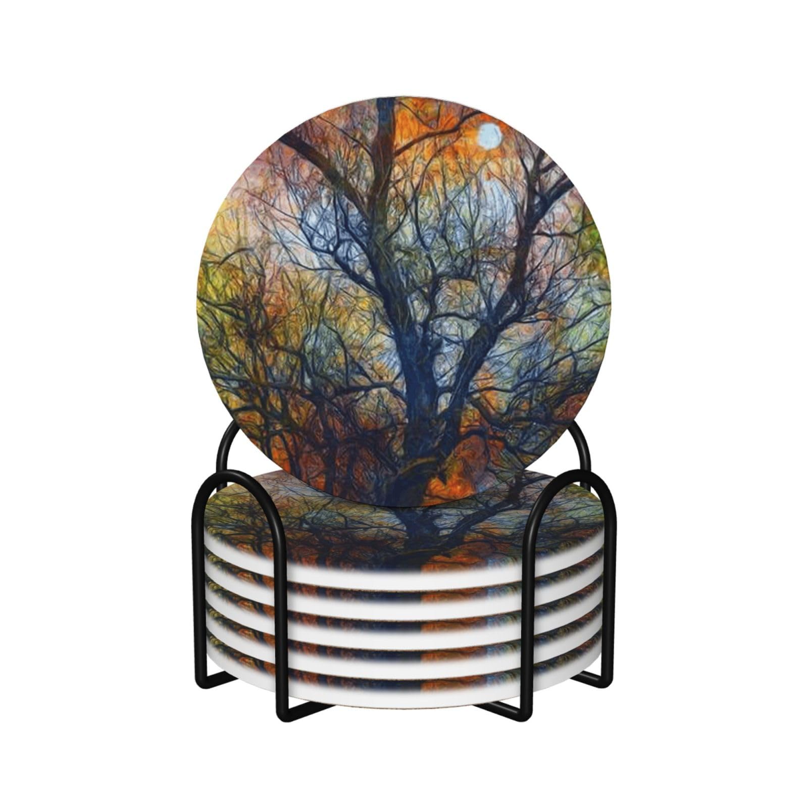 Set di 6 sottobicchieri decorativi in ceramica con stampa di alberi colorati