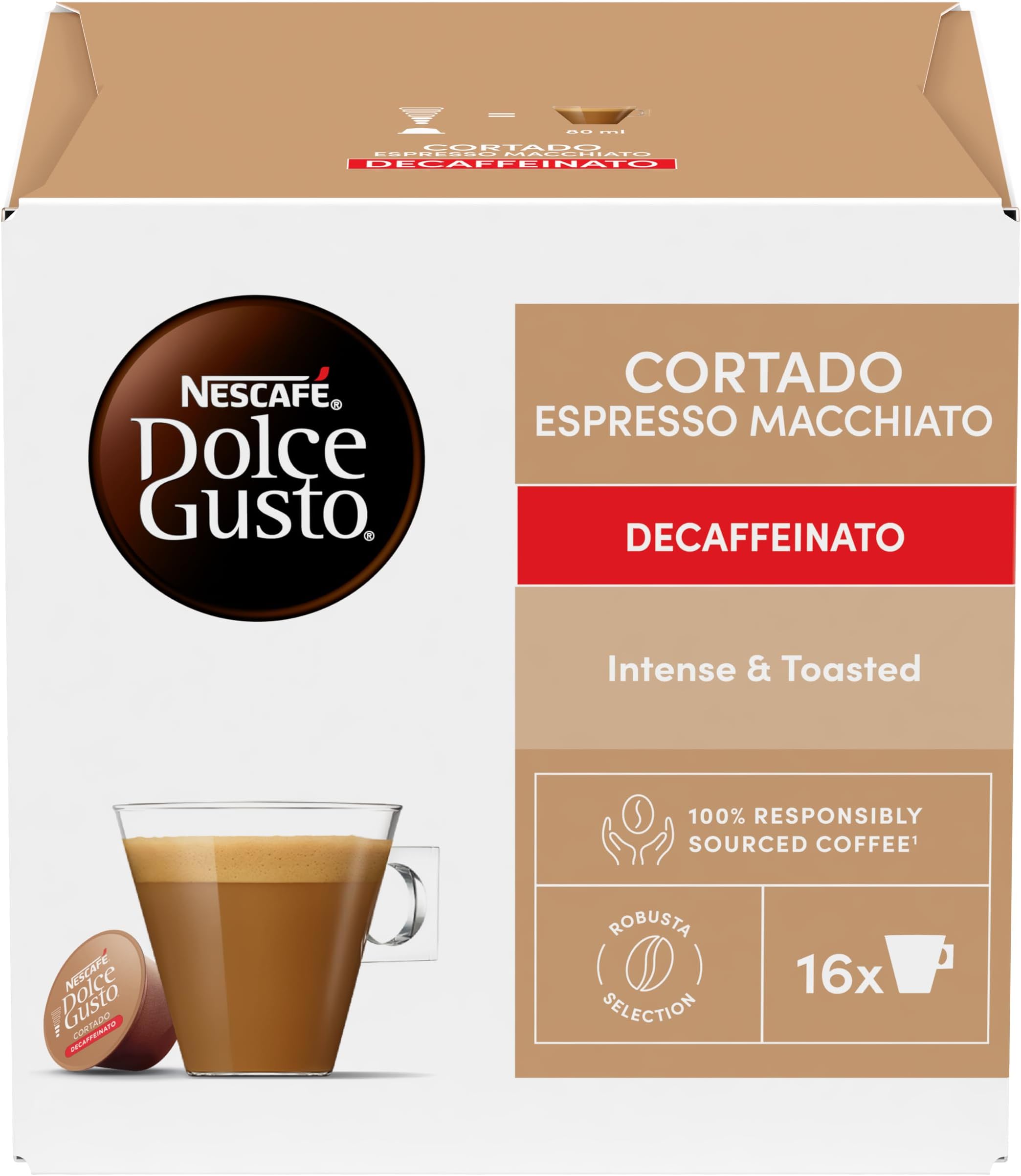 BOX OF NESCAFE DOLCE GUSTO CORTADO DECAF DECAFFEINATED COFFEE PODS