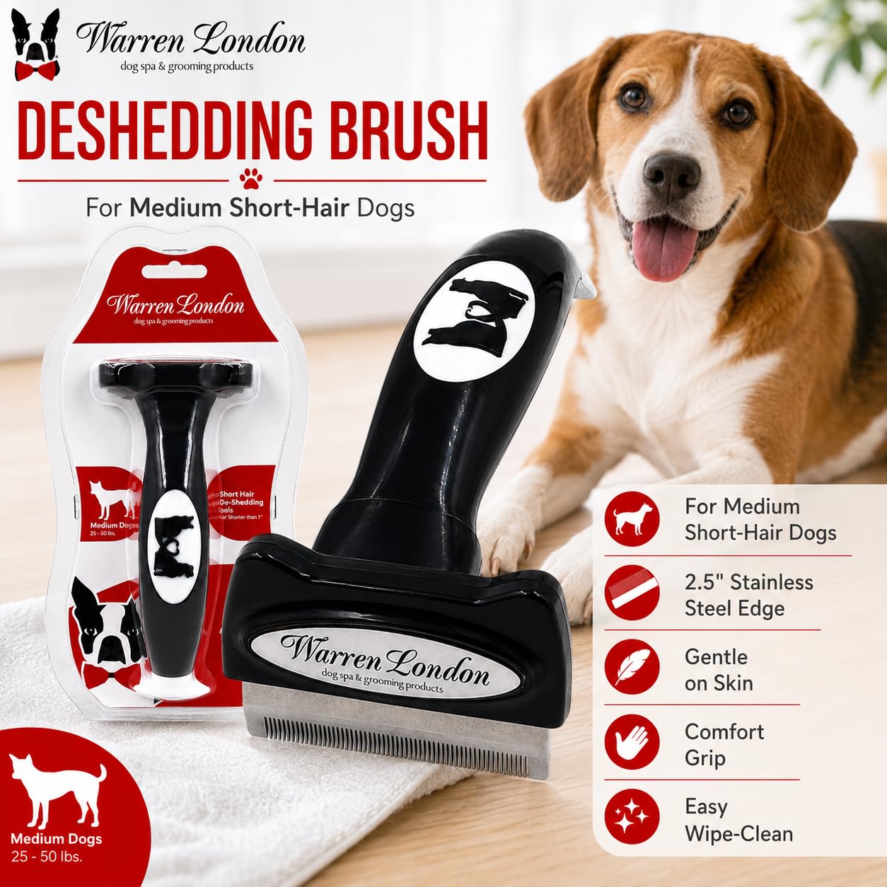 Warren London Brosse pour chien en acier inoxydable avec bouton éjecteur de fourrure Taille M
