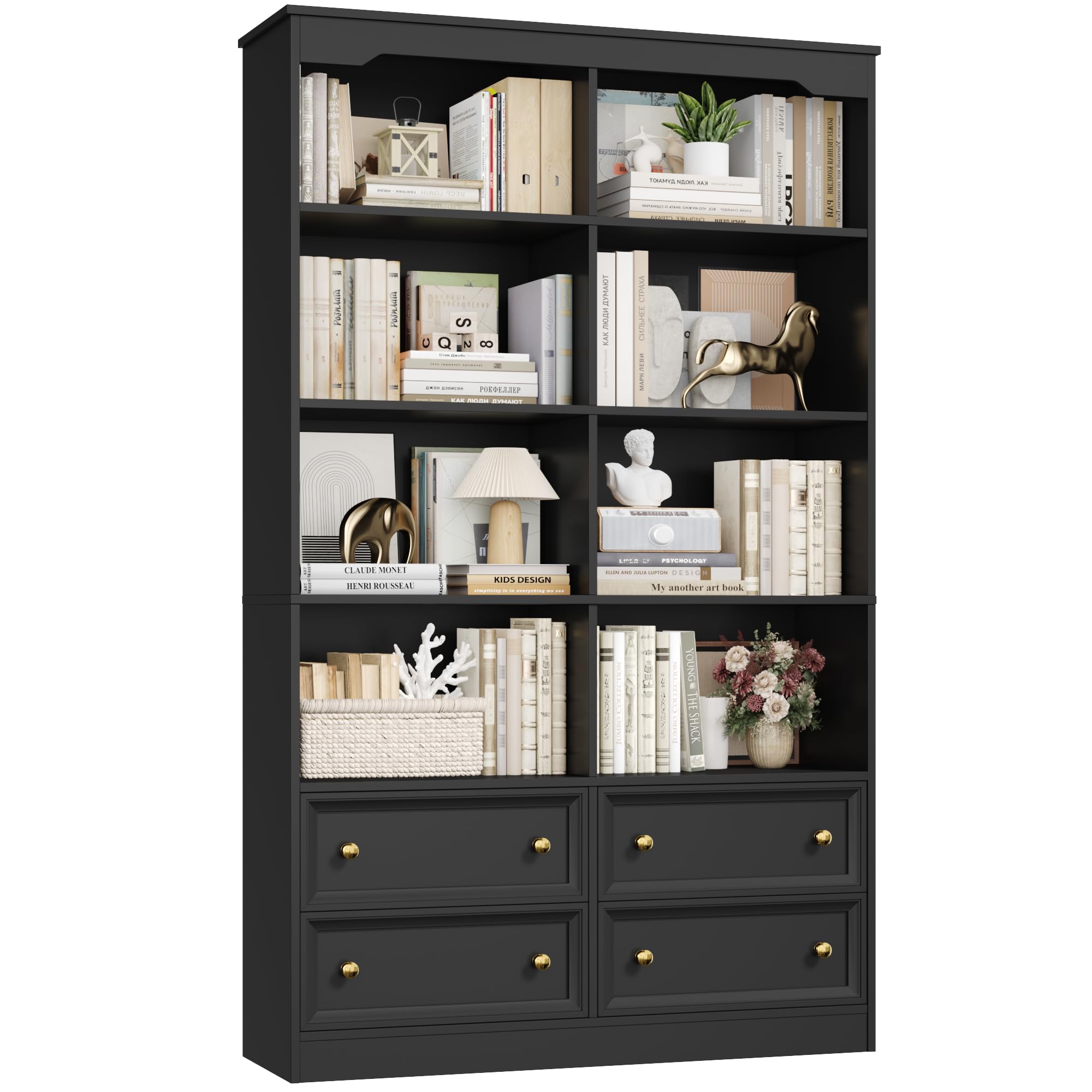 FirFurd Bookcase 180cm Tall Bookshelf with Drawers Living Room Bookcase 8 Open Compartments Free Standing Display Shelf Tall Shelving Unit for Home Office 180x100x30cm Black
