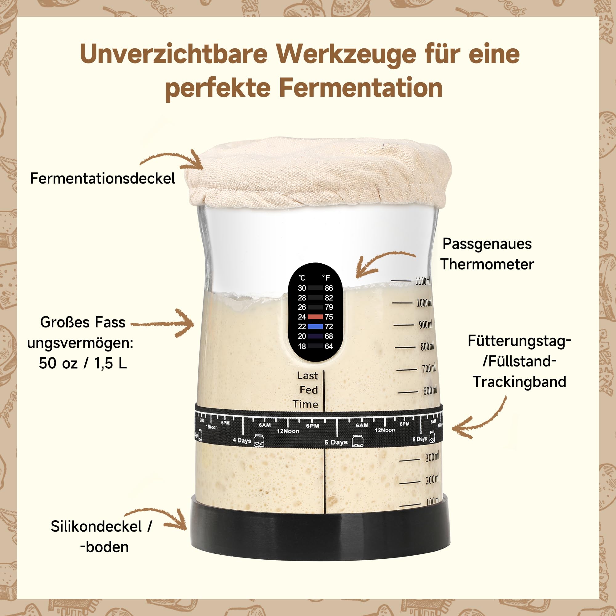 Coco Bird Pro Sauerteig Starter Set – 1,5L Großes Sauerteig Glas mit 17 Rezepten – Sauerteigstarter Zubehör für Brotbacken & Fermentation (1 Stück)