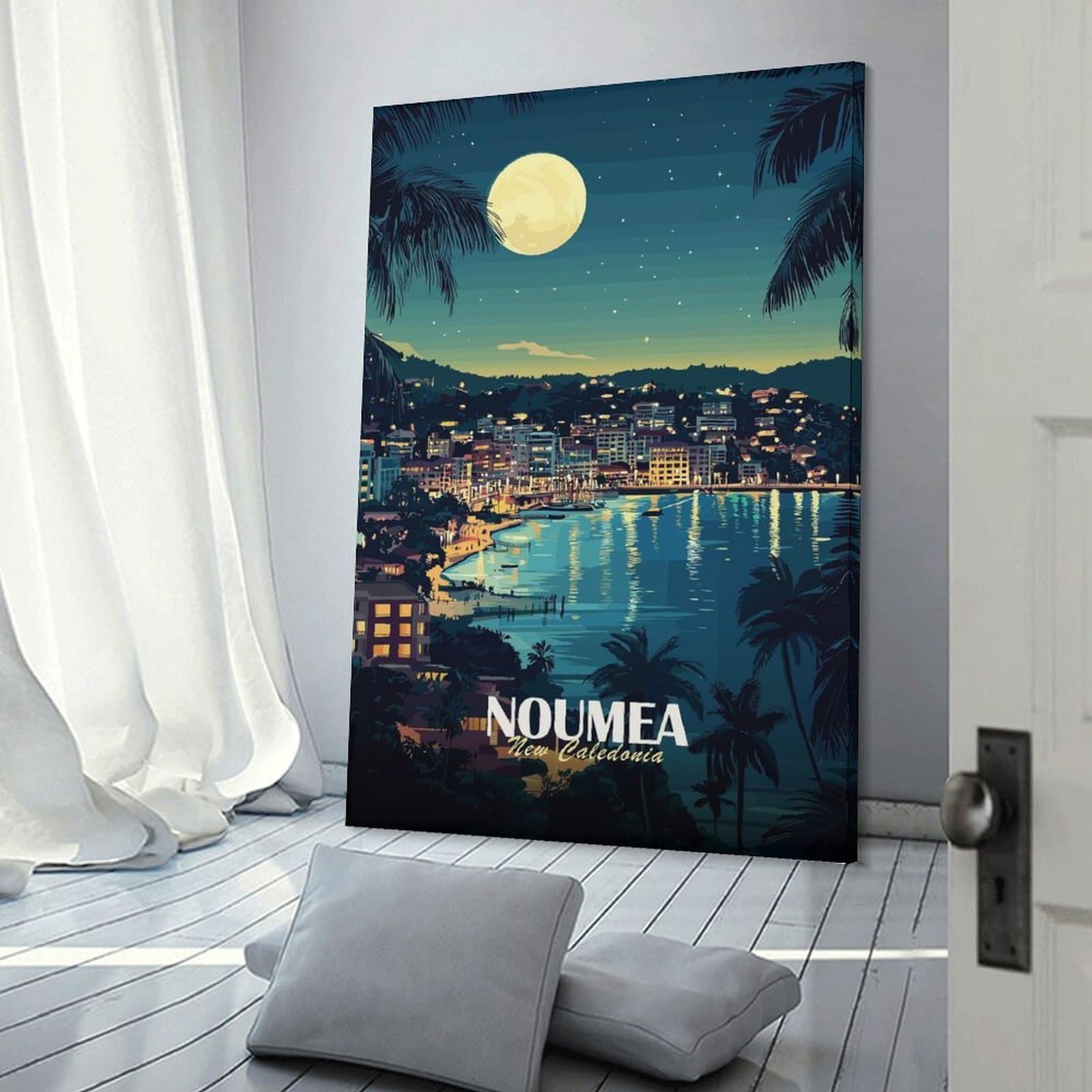Junmoney Noumea, New Caledonia Nightscape Illustration Canvas Wall Decor, 24x36inch(60x90cm), for Apartment Walls, Studios Or Work Areas, Decorative Canvas Decor for Home Updates
