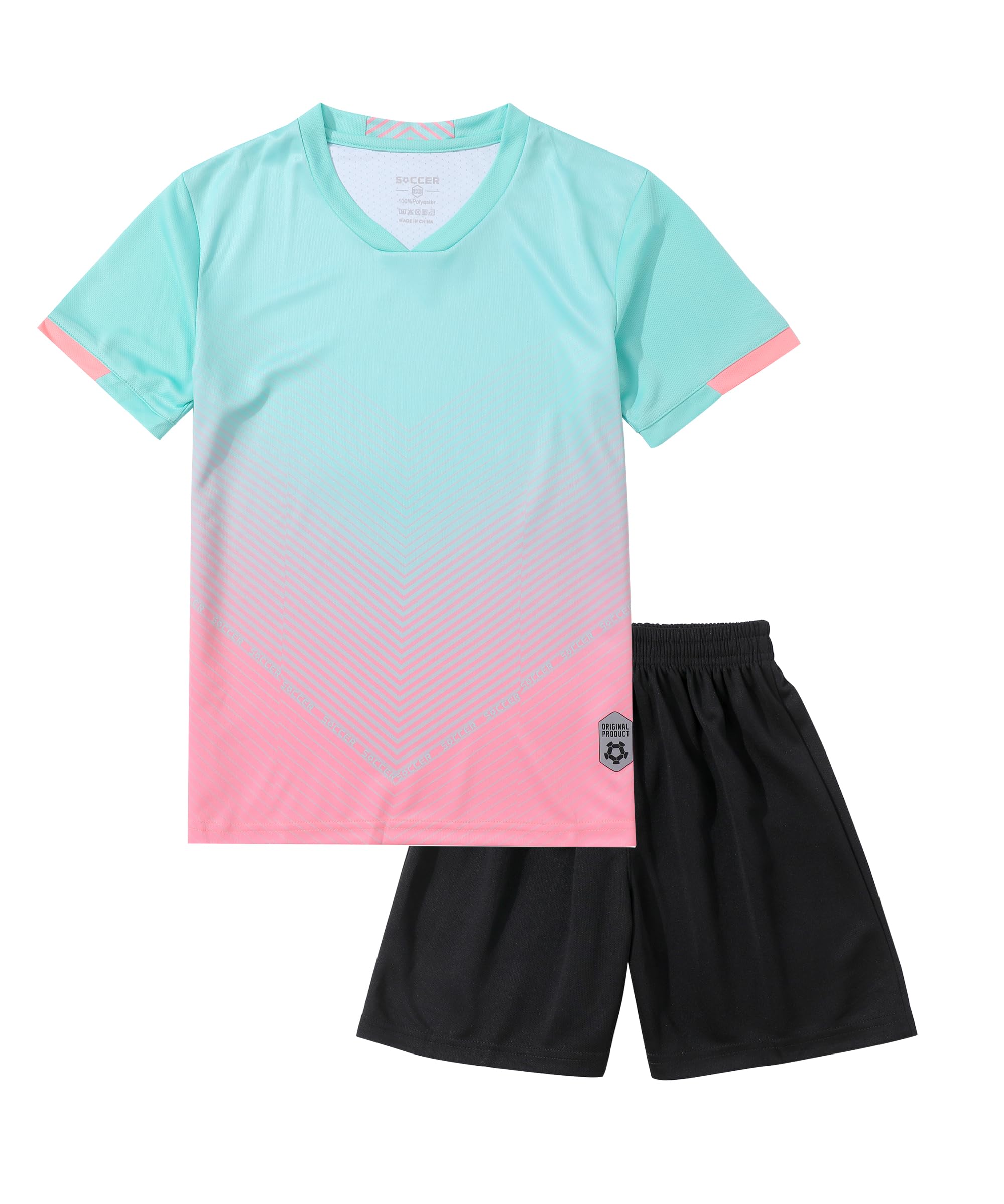 Hiheart Boys Quick Dry Short Sleeve T-Shirt and Mesh Shorts Soccer Set