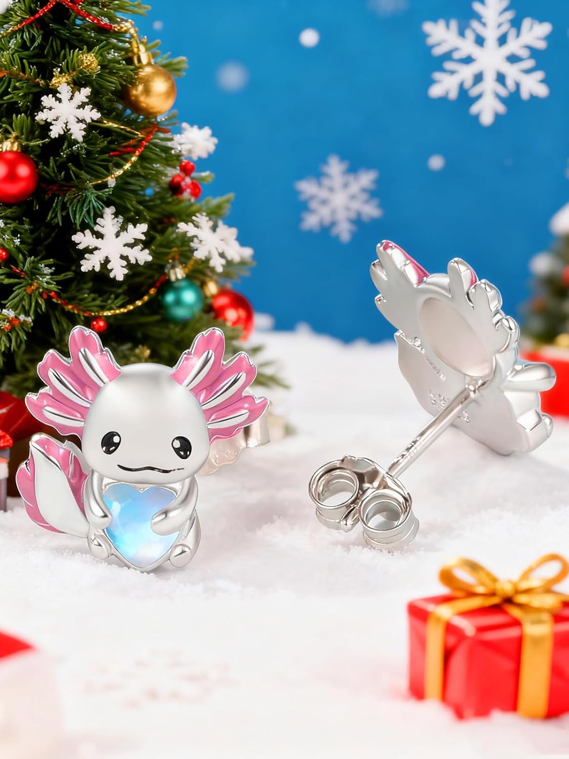 Dreamboat Cute Axolotl Stud Earrings for Women 925 Sterling Silver Hypoallergenic Moonstone Heart Animal Cartilage Earring Christmas Birthday Jewelry Gifts for Sensitive Ears