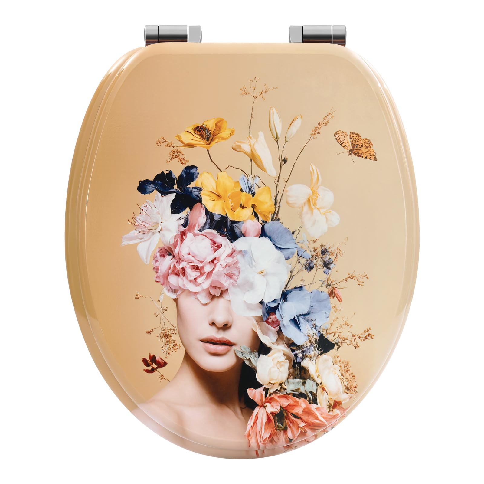 WOLTU Toilet Seat with Soft-Close Mechanism, Wood, Toilet Seat, O-Shape with Hinges, Quick Release Function for Easy Cleaning, Flower Goddess Motif