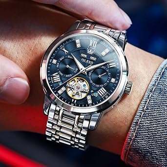 OLEVS Automatic Watches for Men Self Winding Mechanical Skeleton Luxury Dress Stainless Steel Diamond Men Wrist Watches