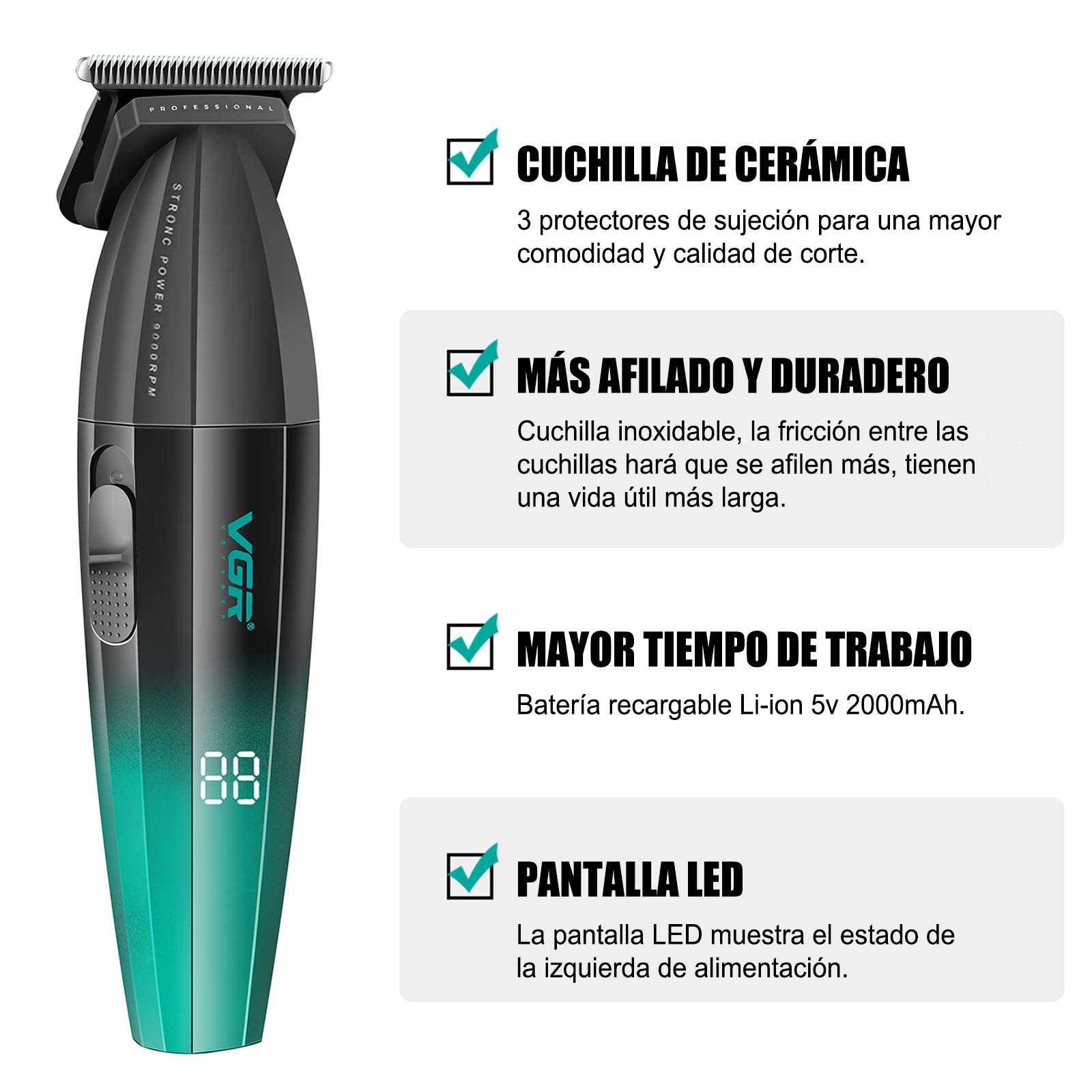 VGR 906 Fresh Fade - Cortadora de pelo profesional, 9000 rpm, sin huecos, para hombres, cortadora de pelo inalámbrica DLC T-Blade para barberos y recargable por USB, verde