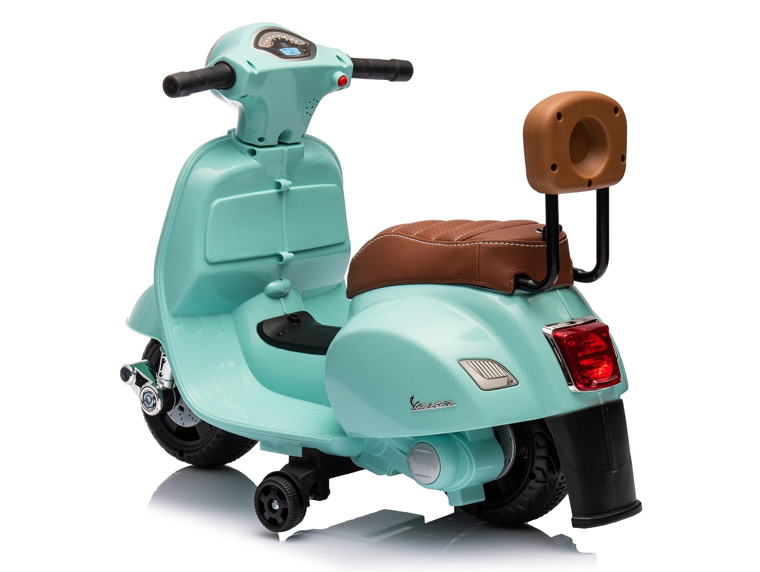 Mondial Toys Moto Elettrica Scooter per Bambini Mini Vespa GTS Piaggio 6V con Schienale Sedile in Pelle Luci Suoni Verde Tiffany