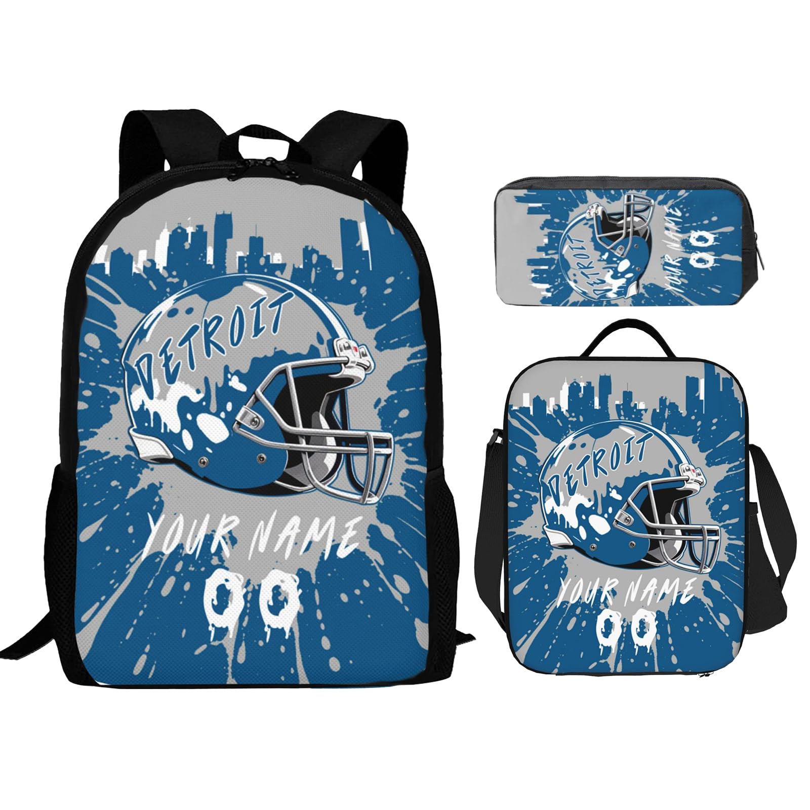Custom Detroit 3pcs Set Backpacks for Boys, 17" School Bookbag Personalized Name Number Lunch Box Pencil Case Gifts for Girl Boy Men Women
