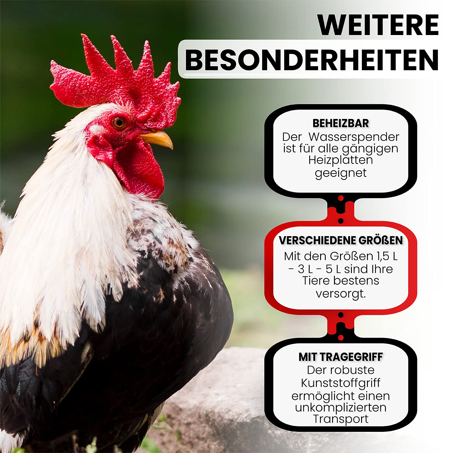 Hühnertränke 1,5, 3 oder 5 ltr. rot I Beheizbare Geflügeltränke für Hühner I Aufhängbarer Wasserspender I Automatische Wassertränke, Tränke, Hühnerzubehör I Geflügel Zubehör (Rot, 3 Liter)